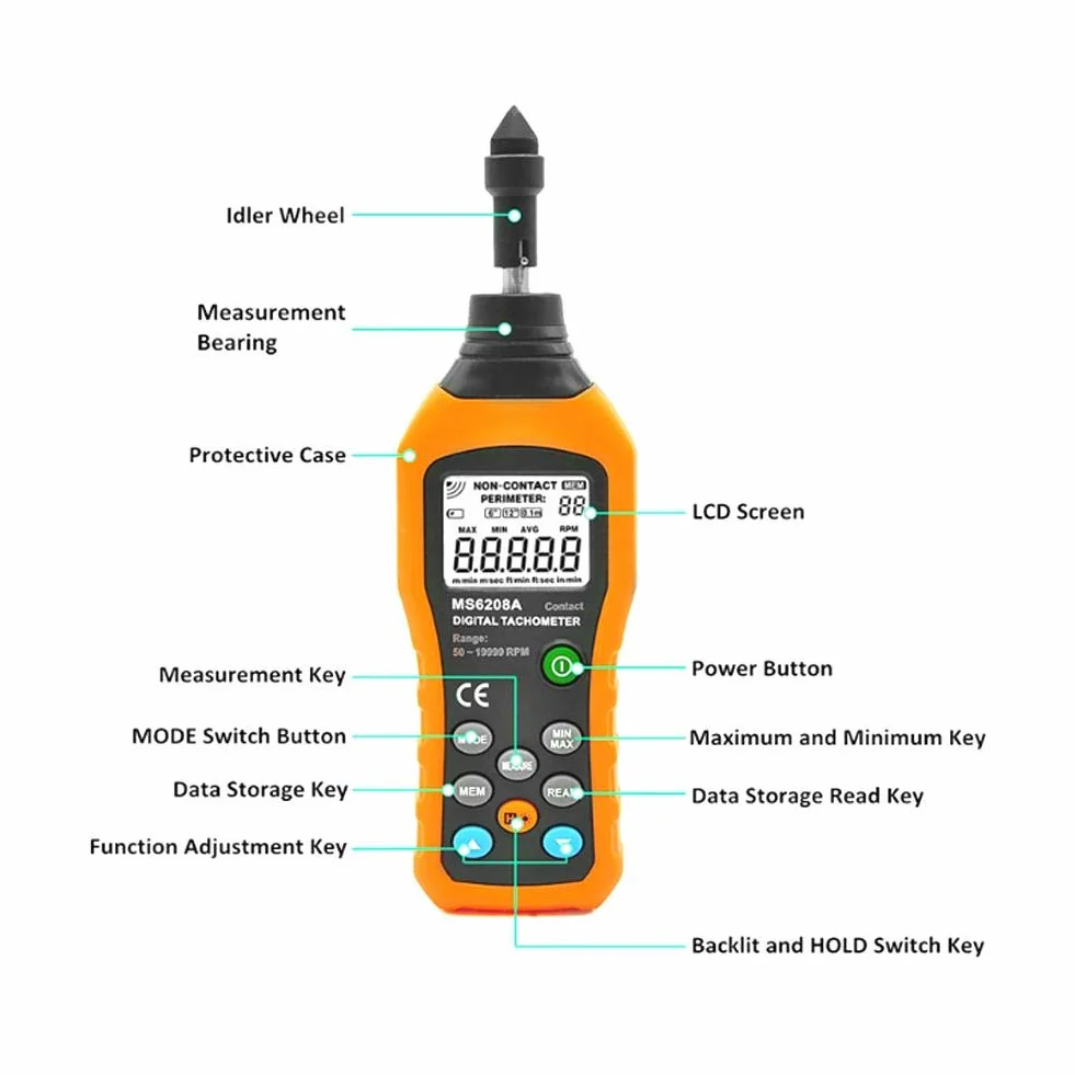 PEAKMETER PM6208A Obrotomierz cyfrowy z podświetleniem LCD, Ręczny tester prędkości