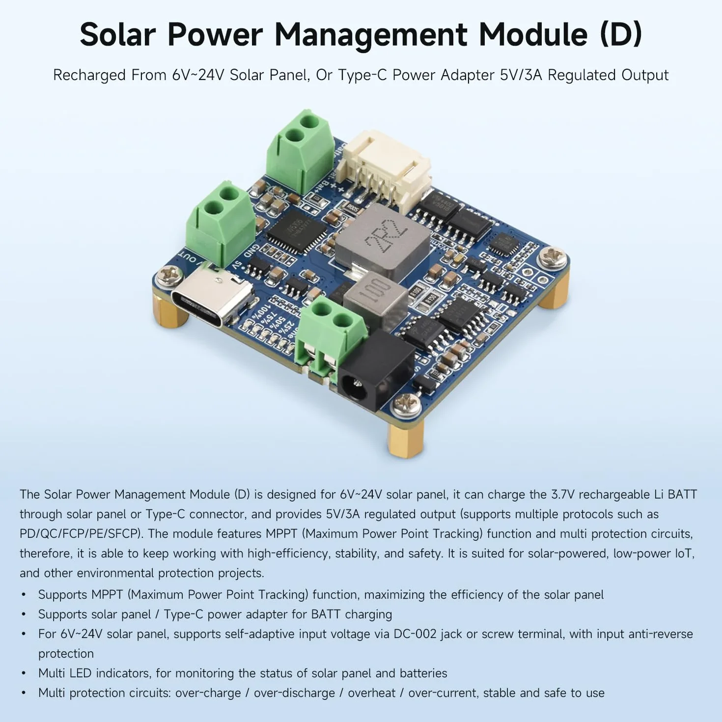 Waveshare Solar Power Manager Module (D), Support 6V~24V Solar Panel & Type-C Power Adapter, 5V/3A Output, Solar Controller USB, MPPT Solar Charger, with batt Holder (batt are Not Included)