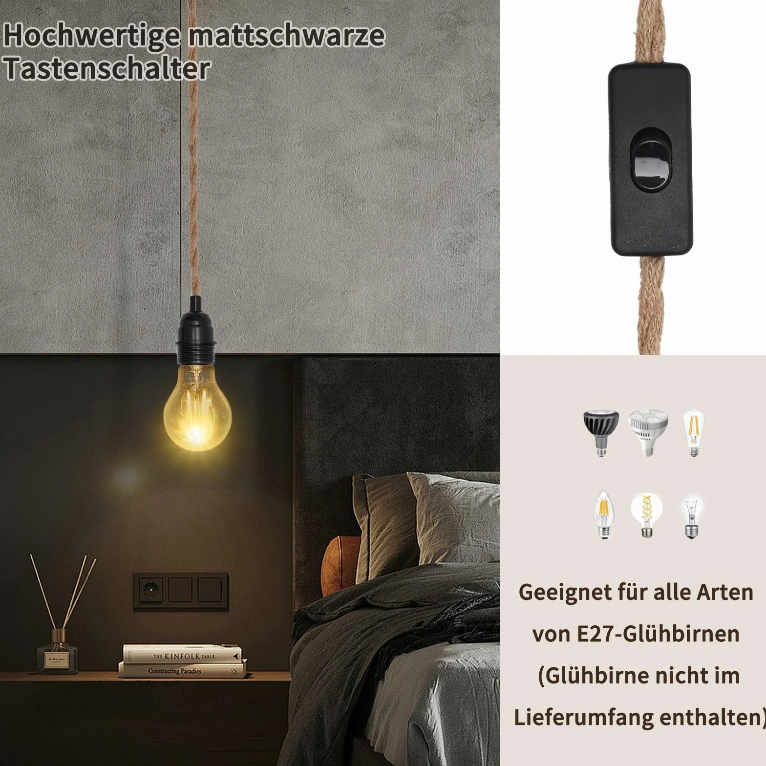LOANLIUT oprawa lampy E27 z kablem 4,5 m, z woreczkiem śrubowym i hakiem bakelitowym, oprawa lampy z liny konopnej w stylu vintage z kablem i wtyczką, DIY oprawa E27 do salonu, kuchni, baru, odporna