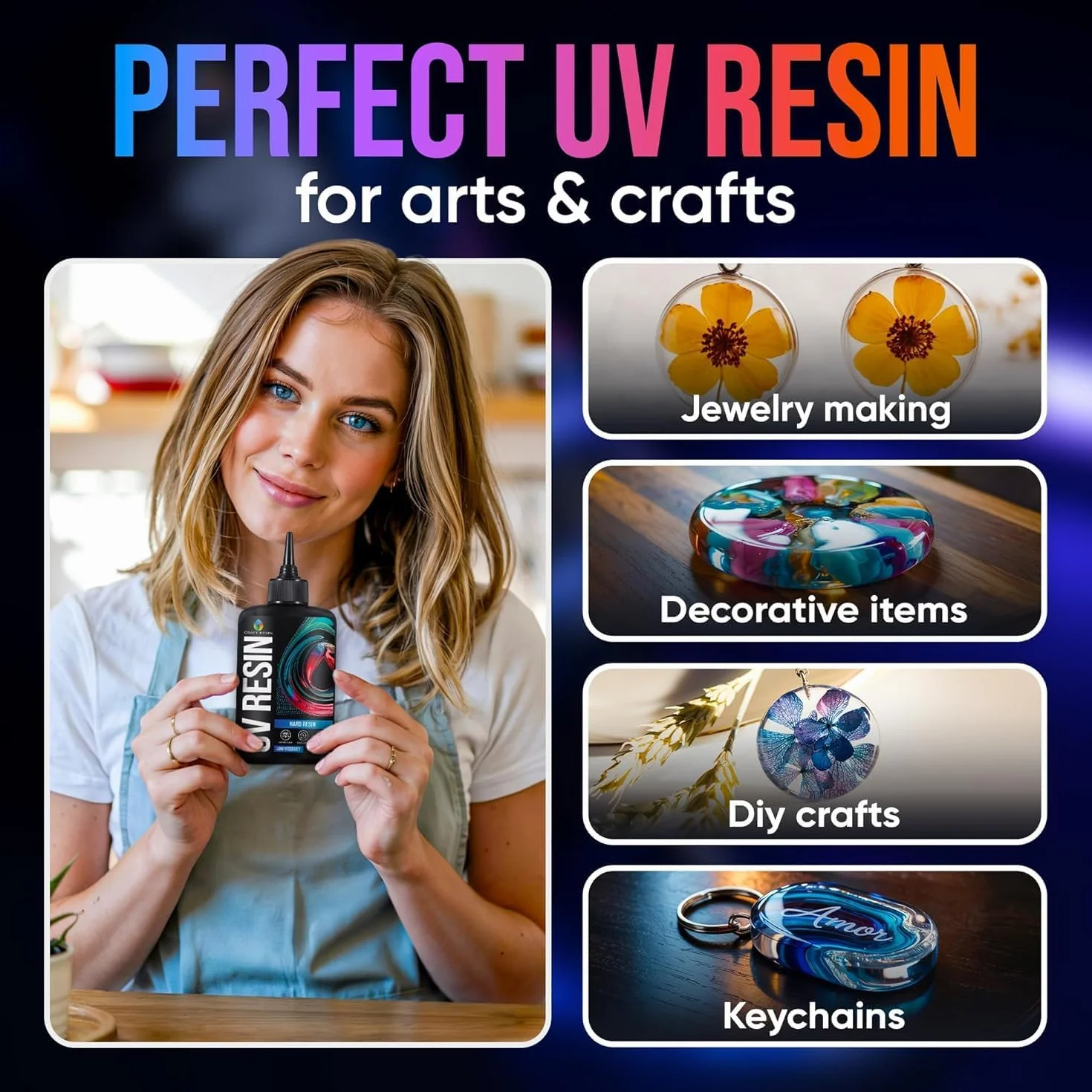 CRAFT RESIN Zestaw żywicy, wariant twardy, niska lepkość – krystalicznie czysty i nieżółkący klej do żywicy UV do majsterkowania, produkcji biżuterii, form odlewniczych – szybkie utwardzanie (1000g)