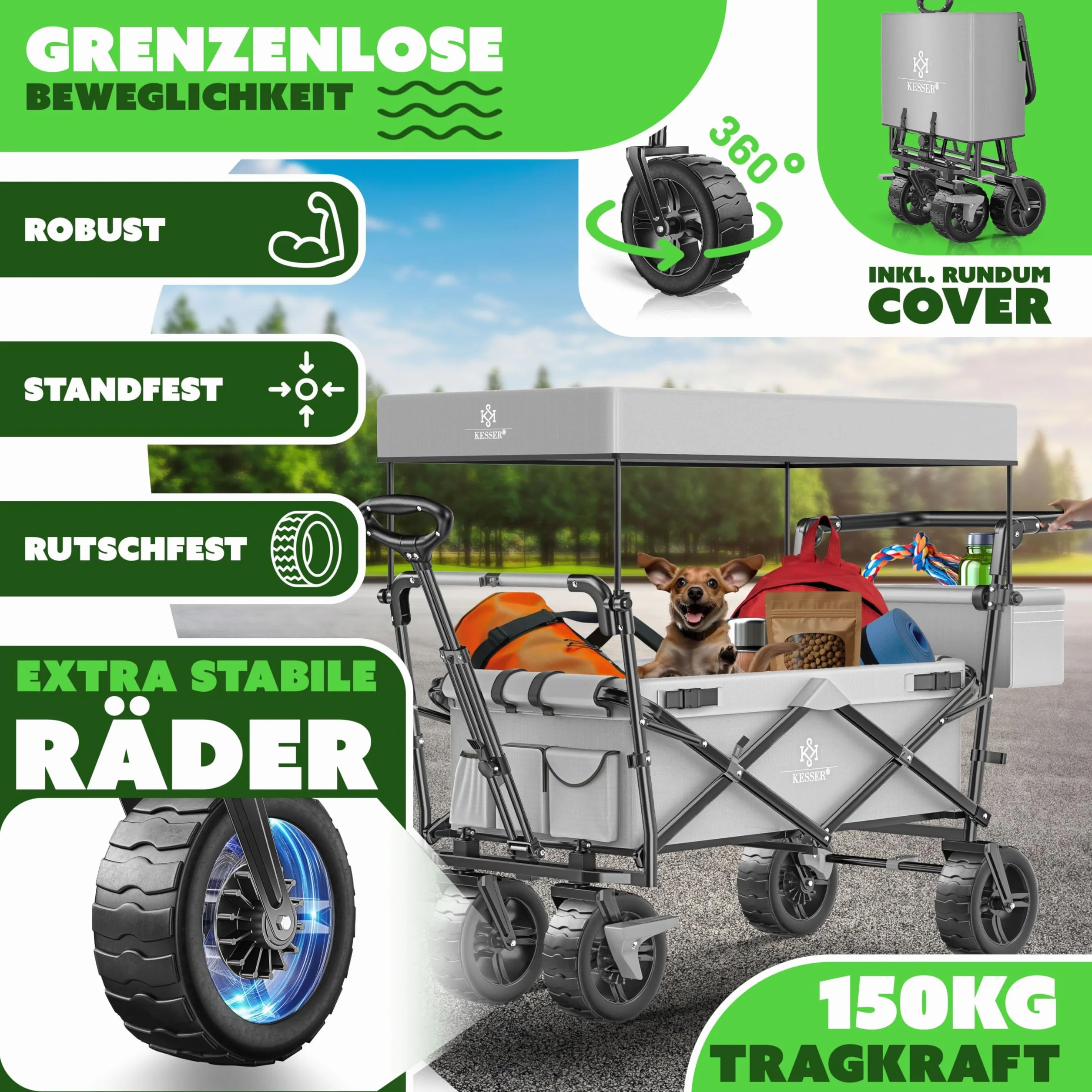 KESSER GT9000 Składany wózek transportowy z dachem, do 80 kg (w zestawie torba do noszenia) – szary