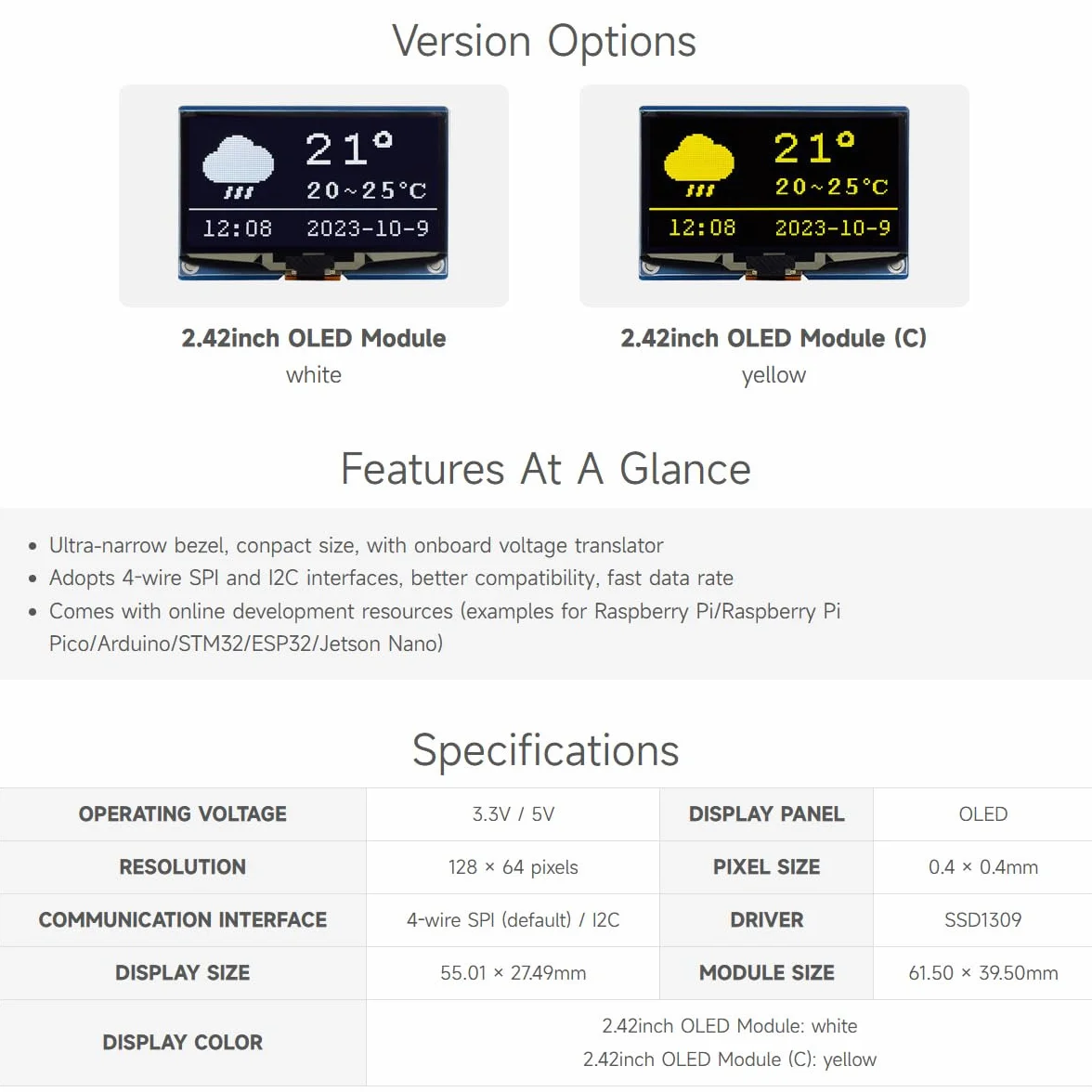 Waveshare 2.42inch OLED Display Module 128×64 Resolution SPI / I2C Communication Yellow Color Version Compatible with Raspberry Pi Jetson Nano
