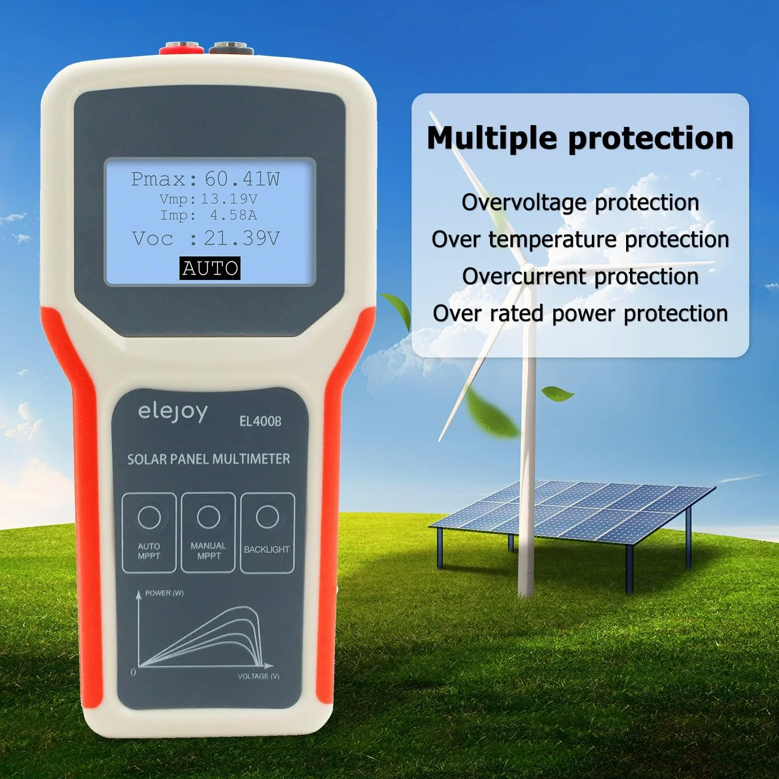 BuyWeek Tester MPPT paneli słonecznych 400 W, multimetr fotowoltaiczny z wyświetlaczem LCD, nie wymaga prądu, do paneli słonecznych PV modułów PV rozwiązywanie problemów (EL400B)