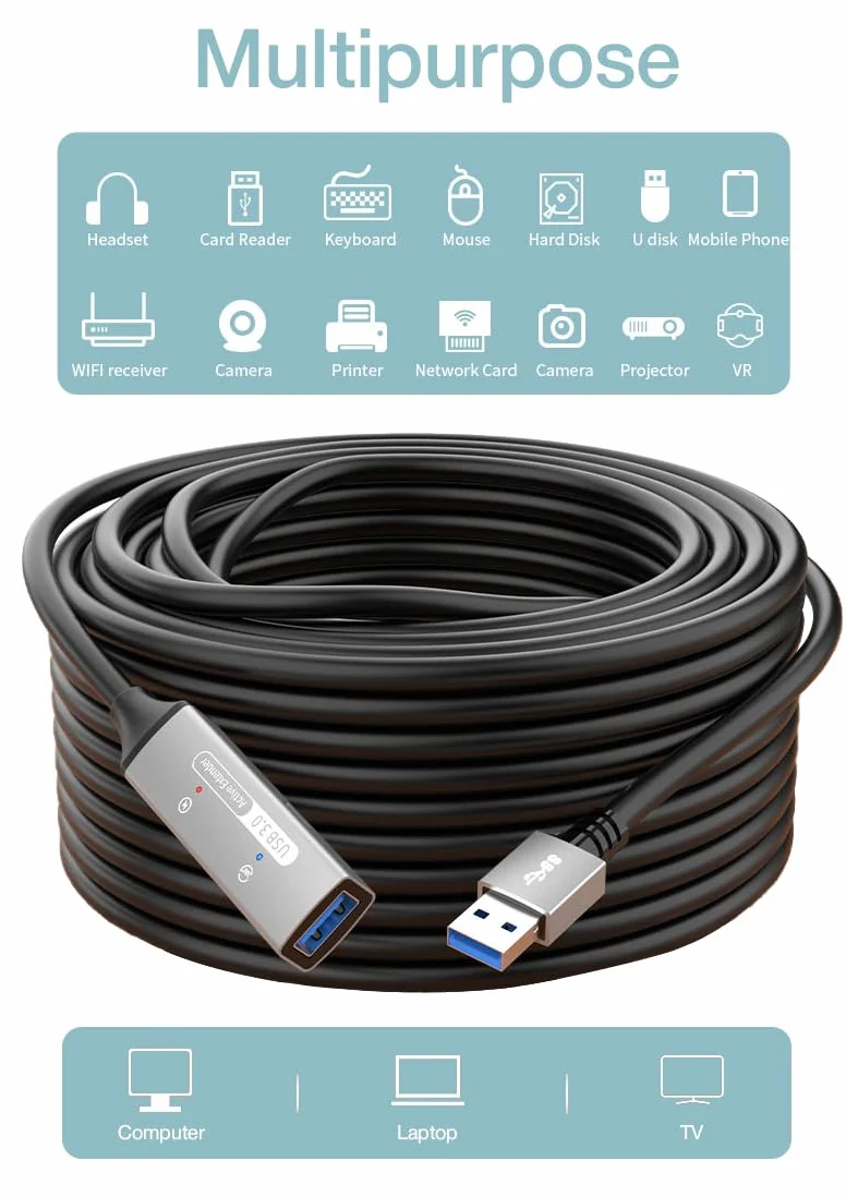 Aktywny Przedłużacz USB 3.2 Gen 1 20m, Złącze Żeńskie Typu A do Męskiego, SuperSpeed 5Gbit/s, Ekranowany, Aluminiowy, Czarny