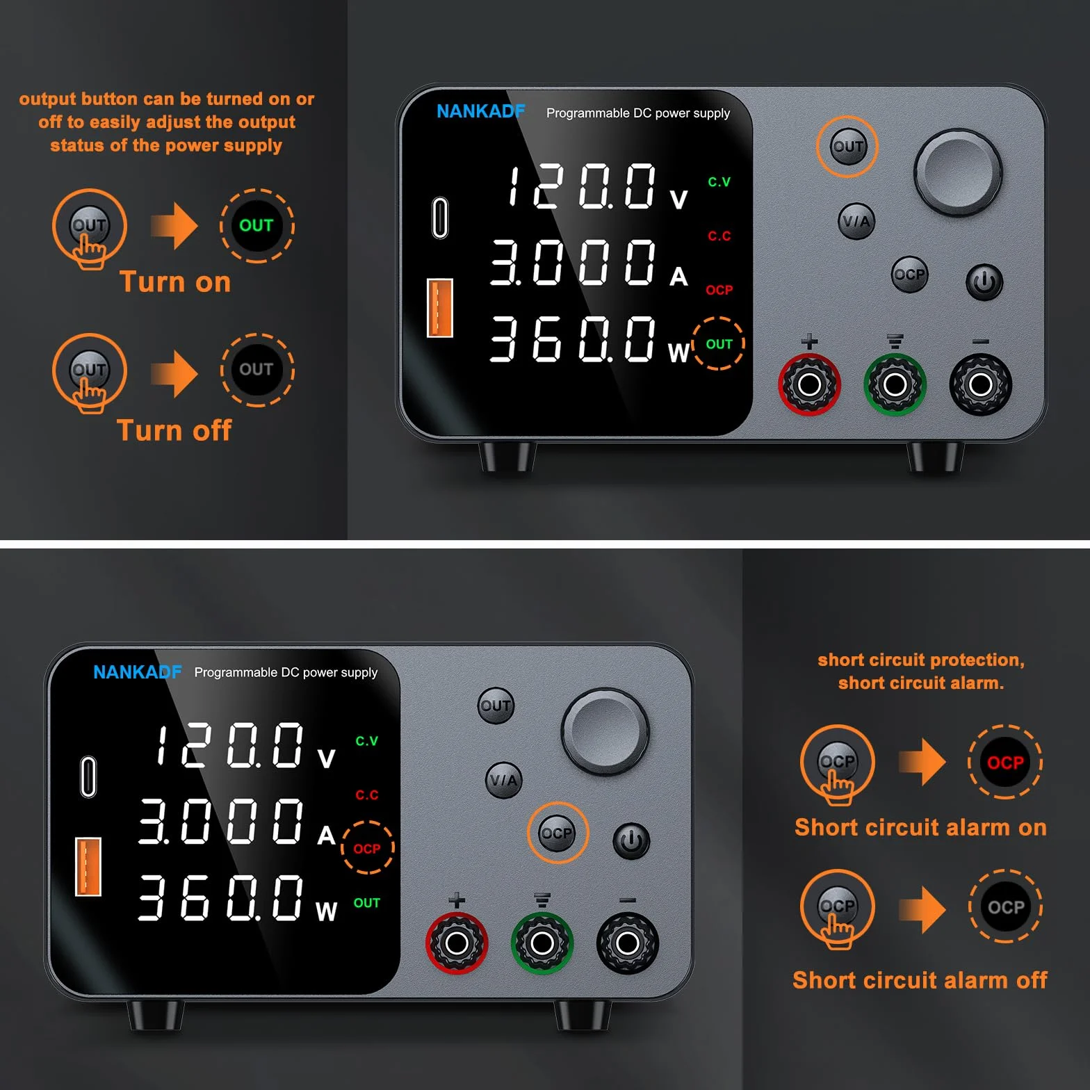 Zasilacz laboratoryjny 120V 3A prądu stałego z USB-A/Type-C i kontrolą kodera