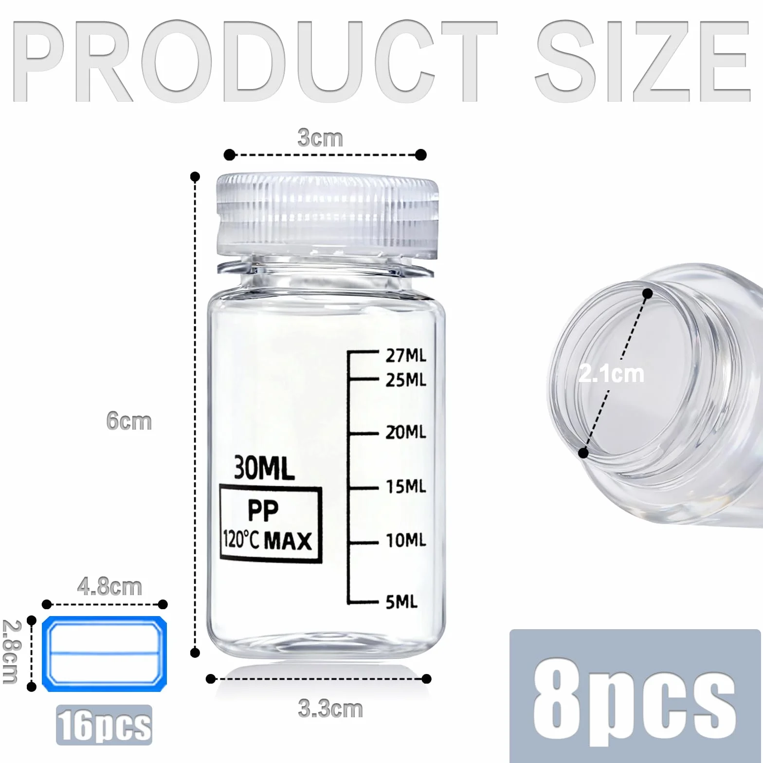 DKBT 8 sztuk butelek z szeroką szyjką ze skalą, 30 ml, plastikowe, puste butelki laboratoryjne, szczelne, z polietylenu (HDPE), do butelek na próbki wody