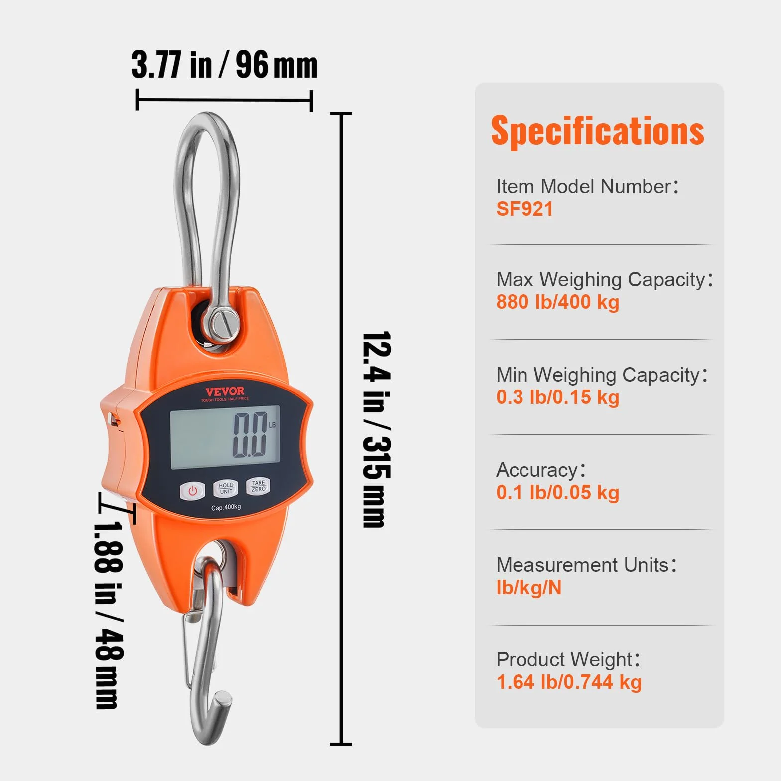 VEVOR Waga dźwigowa 0,15 do 400 kg, cyfrowa waga wisząca, waga 0,05 kg, dokładność 0,05 kg, waga przemysłowa, wyświetlacz LCD, wisząca mini waga przenośna z wbudowaną taśmą pomiarową 1 M