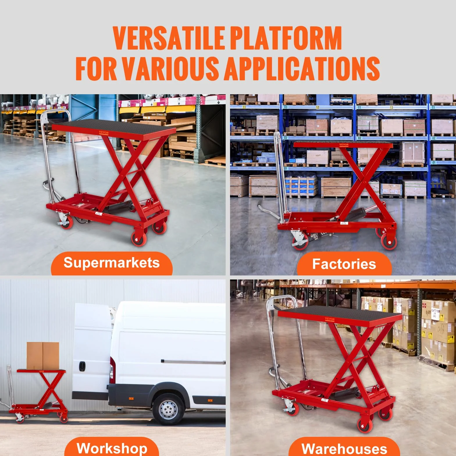 VEVOR Hydrauliczny wózek podnoszący 230 kg, ręczny wózek widłowy, wysokość podnoszenia 720 mm, 4 koła, czerwony