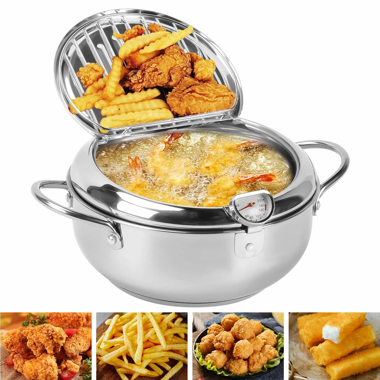 Japońska frytkownica tempura ze stali nierdzewnej z termometrem i pokrywką