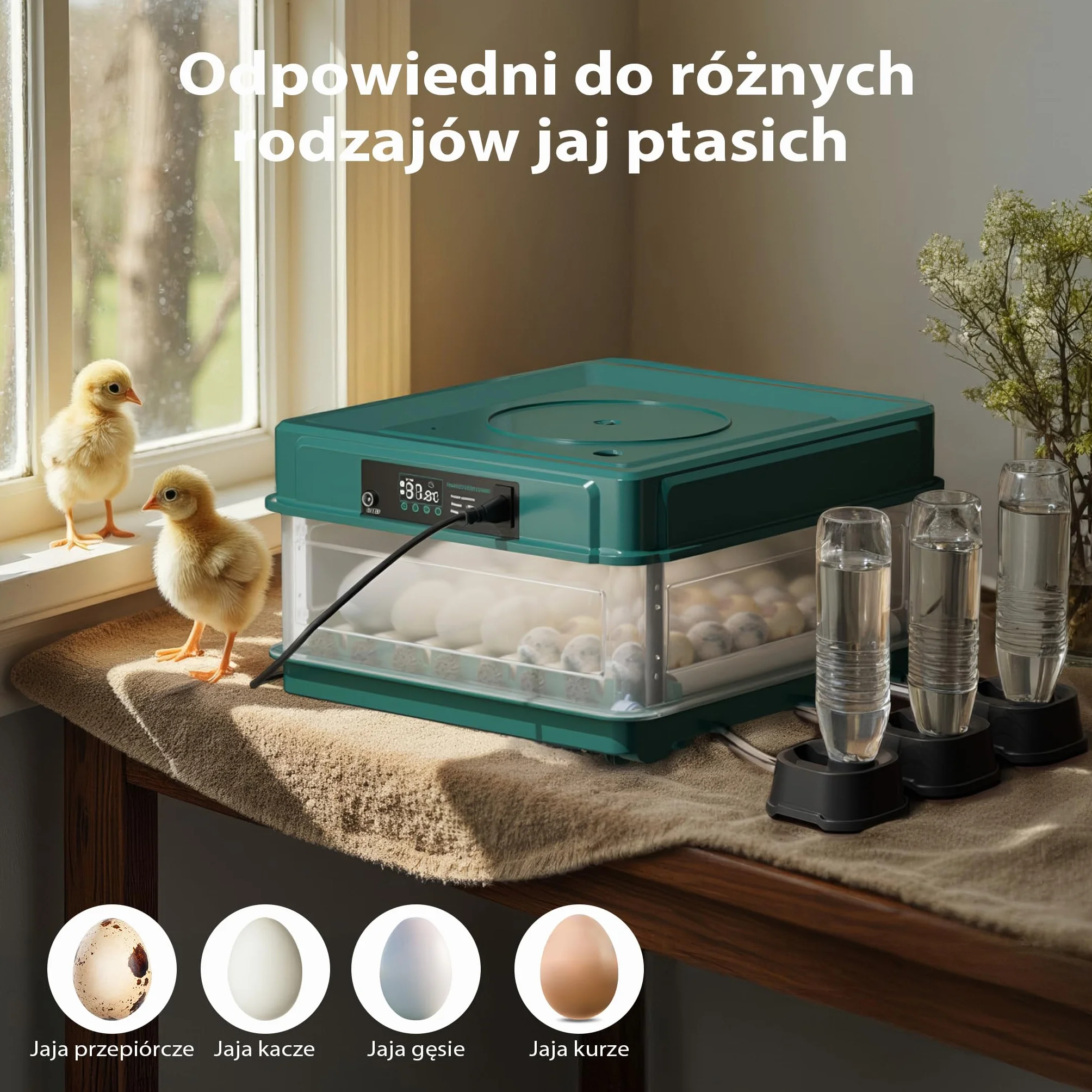 Fudajo Automatyczny inkubator na 48 jaj o mocy 80 W, wylęgarka z regulacją temperatury i wilgotności, wentylatorem obracaniem jajek