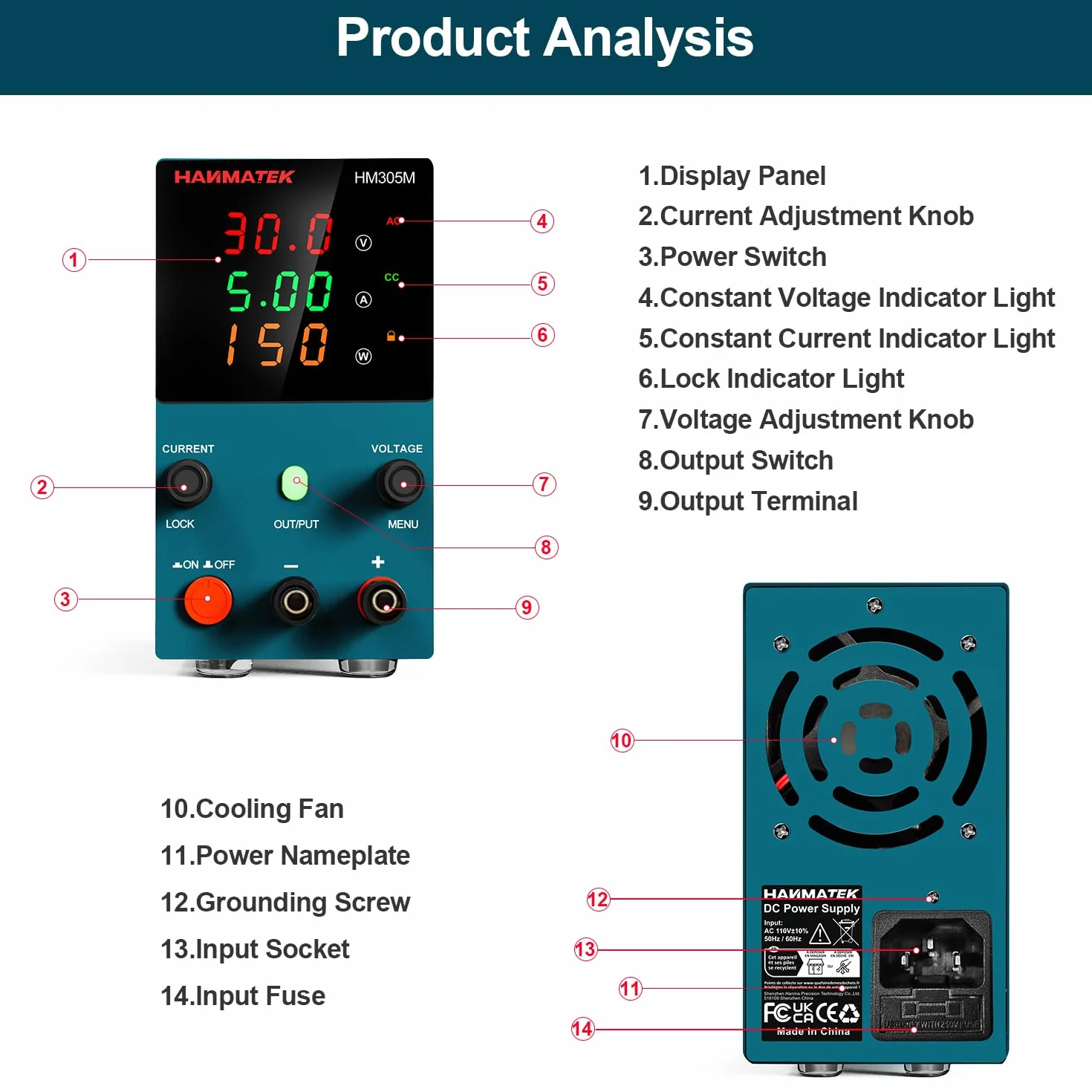 HANMATEK HM305M Zasilacz laboratoryjny regulowany przełącznik 30 V/5 A wyświetlacz LED regulowany zasilacz laboratoryjny