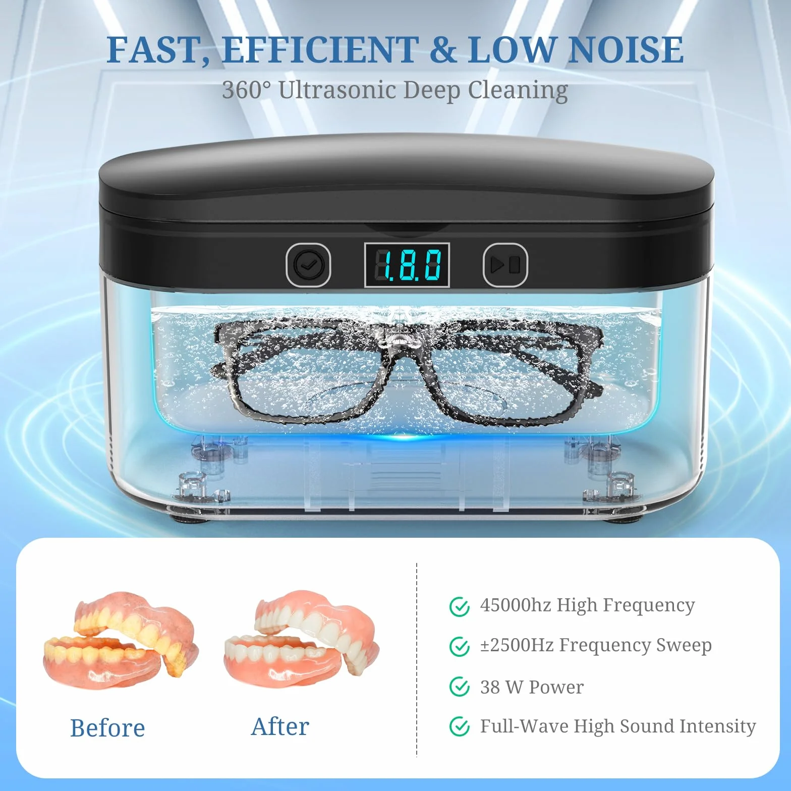 PELCAS Ultrasonic Cleaner 500 ml - Ulepszenie Urządzenie Ultradźwiękowe 45KHz Ekran Dotykowy Ultrasonic Cleaner z 5 Ustawieniami Czasu 38W Ultrasonic Bath do Makijażu Szczotki Zegarki do Okularów