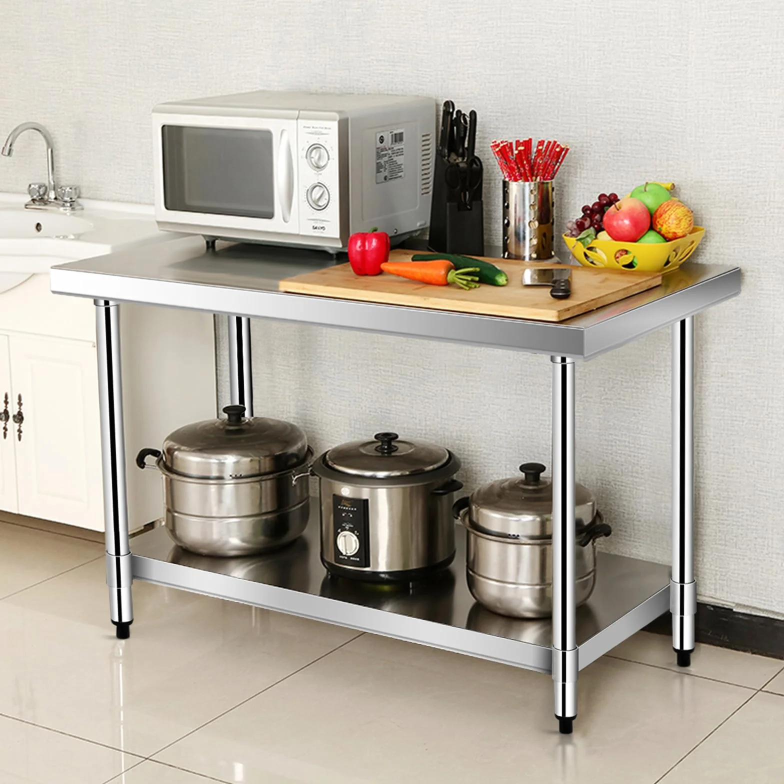 COSTWAY Stół Kuchenny Ze Stali Nierdzewnej Z Półką o Regulowanej Wysokości, Roboczy, Gastronomiczny, Przygotowawczy Z Półblatem (92 x 61 x 90 cm)