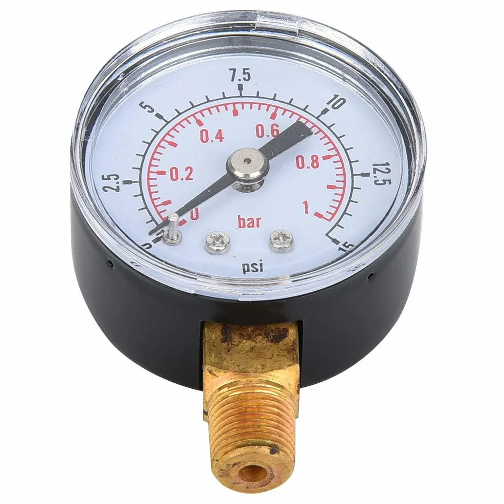 1/8 Cala BSPT Manometr do Montażu Dolnego Mocowanie Dolne, Manometr Powietrza Miernik Ciśnienia Powietrza do Testu Ciśnienia Oleju Wodnego i Paliwa Powietrza (0-15 psi, 0-1 bar)