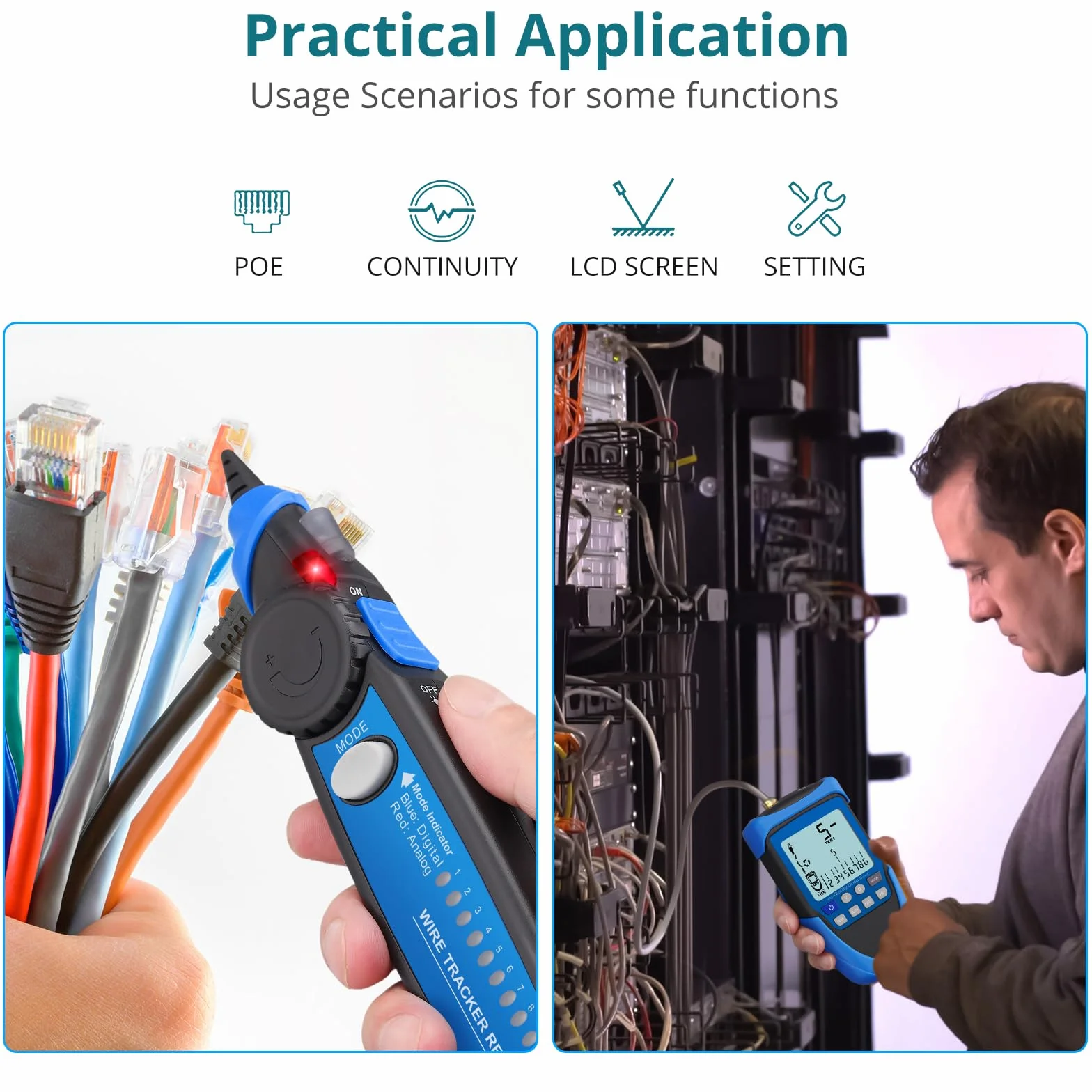 Tester kabli sieciowych POE/RJ45, wielofunkcyjny tester sieci z LCD, kablem CAT5/CAT5e/CAT6/Cat7/Cat8, detektorem zwarcia, krzyżowym i przerwanym