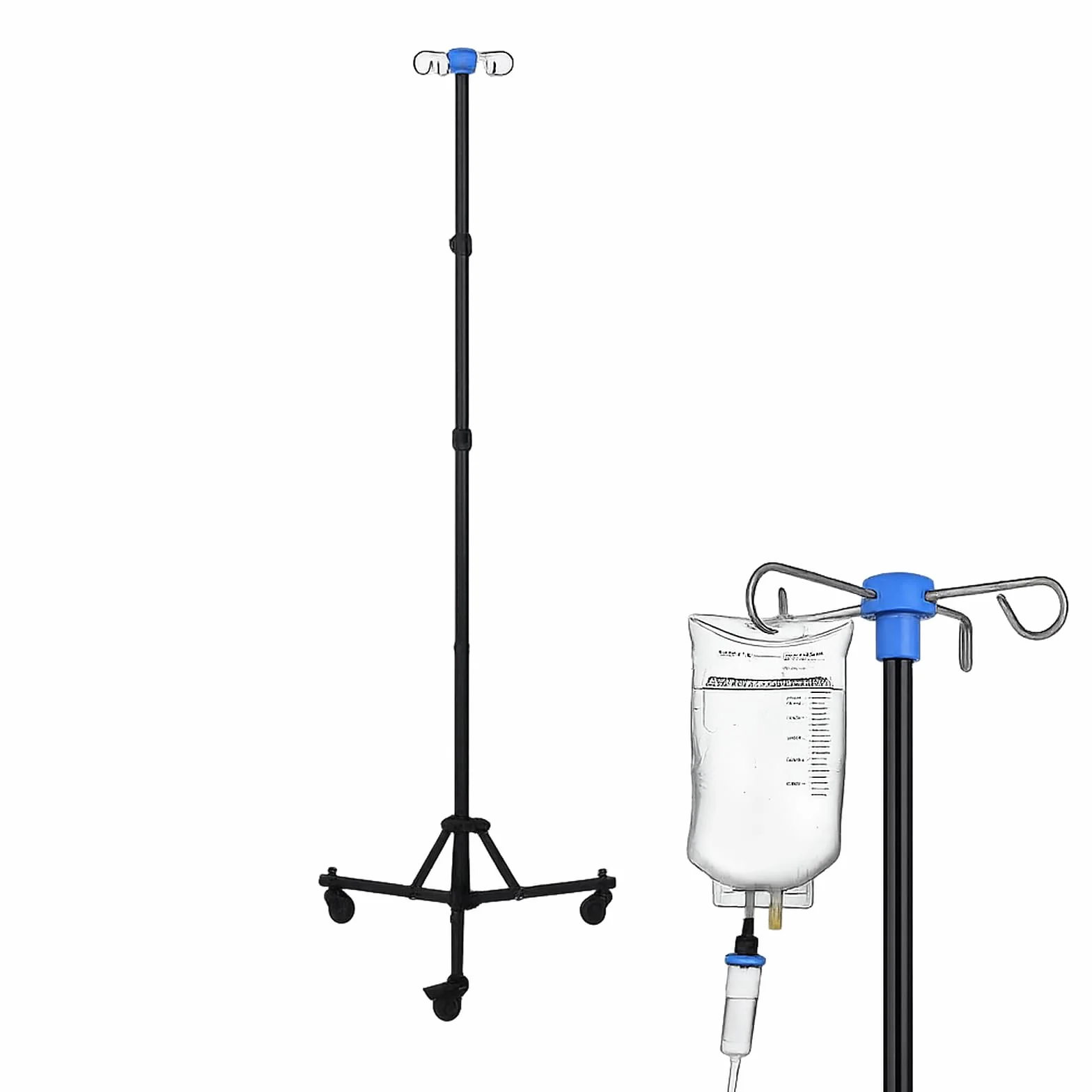Regulowany stojak do infuzji z kółkami, składany drążek IV, 85-190 cm, 4 haczyki, stabilny statyw
