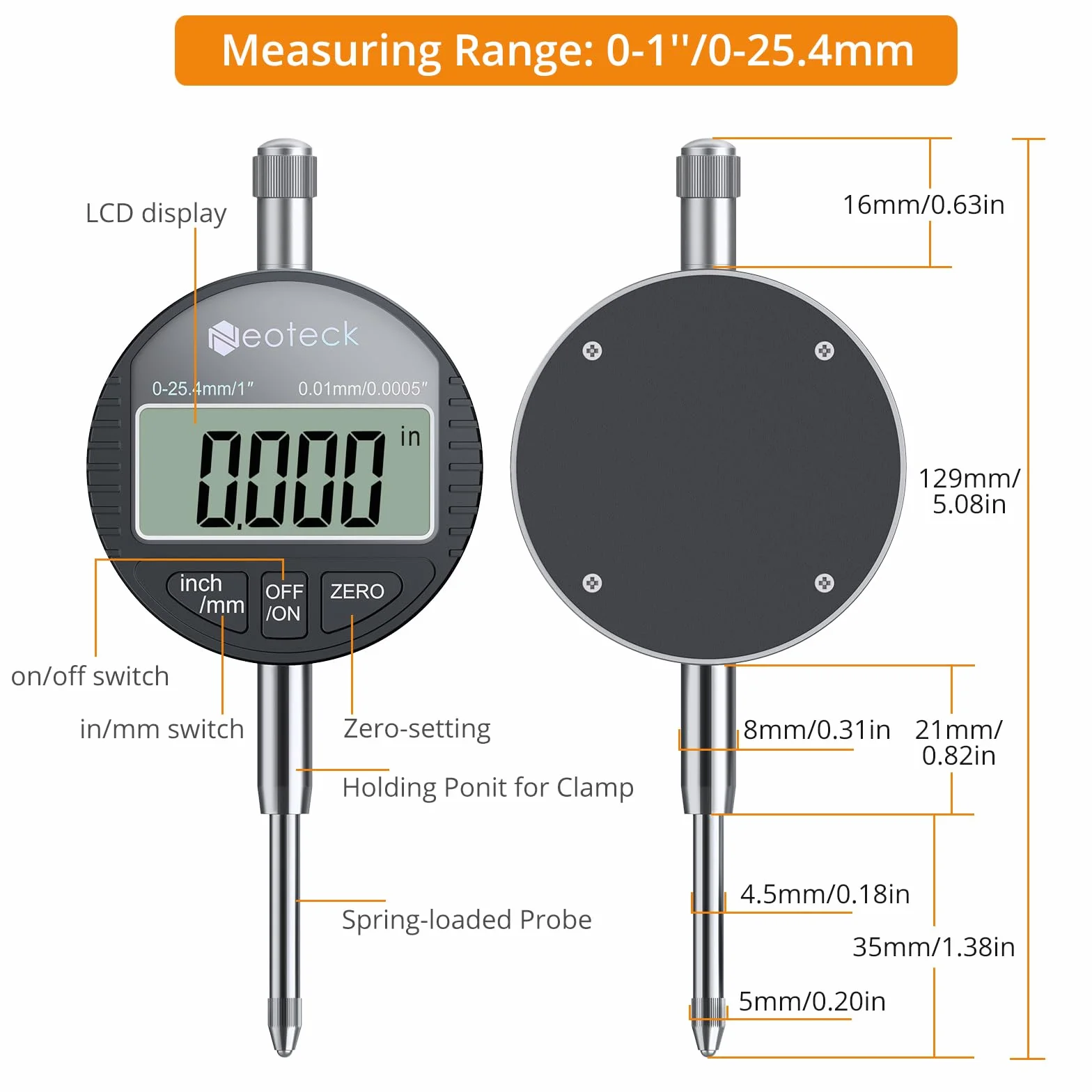 Neoteck Zegar pomiarowy i stopka magnetyczna 25,4 mm, zestaw cyfrowych zegarów pomiarowych (0,0005"/0,01 mm) z walizką do przechowywania, narzędzie pomiarowe, elektroniczny zegar pomiarowy do
