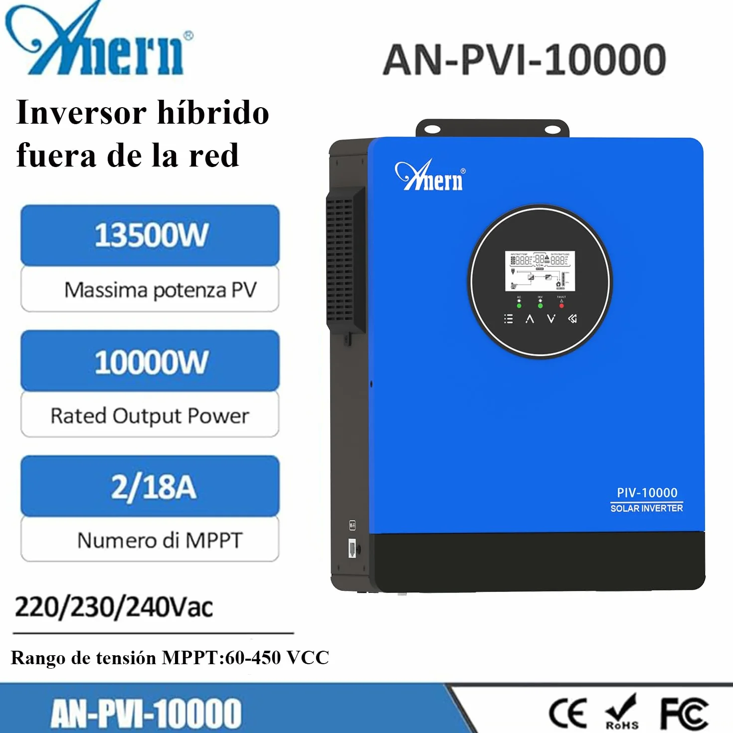Anern Hybrydowy Falownik 10KW Zintegrowany 3 MPPT Nie Potrzebna bateria, Może Zasilać Silnik 1,5P+3P lub Pompę Wodną,Out-Network Falownik Słoneczny 220V-240VAC,Napięcie MPPT 60-450VDC