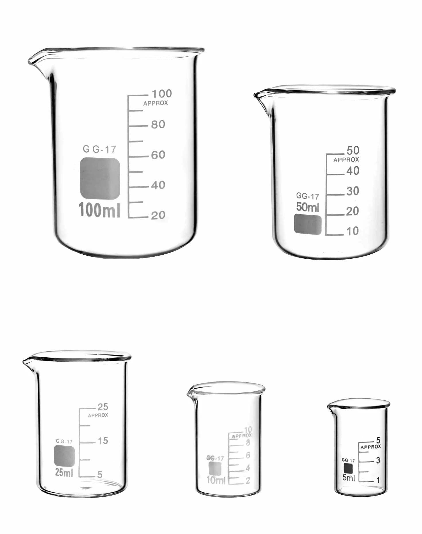 QWORK Zlewka szklana 5 ml 10 ml 25 ml 50 ml 100 ml Zestaw do laboratorium