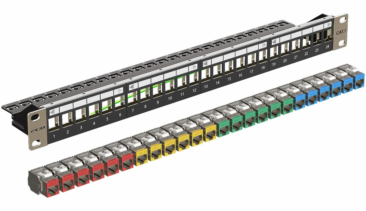 FGB Panel krosowy 24 porty CAT7 10 Gbps 19" RJ45 LAN 600 MHz