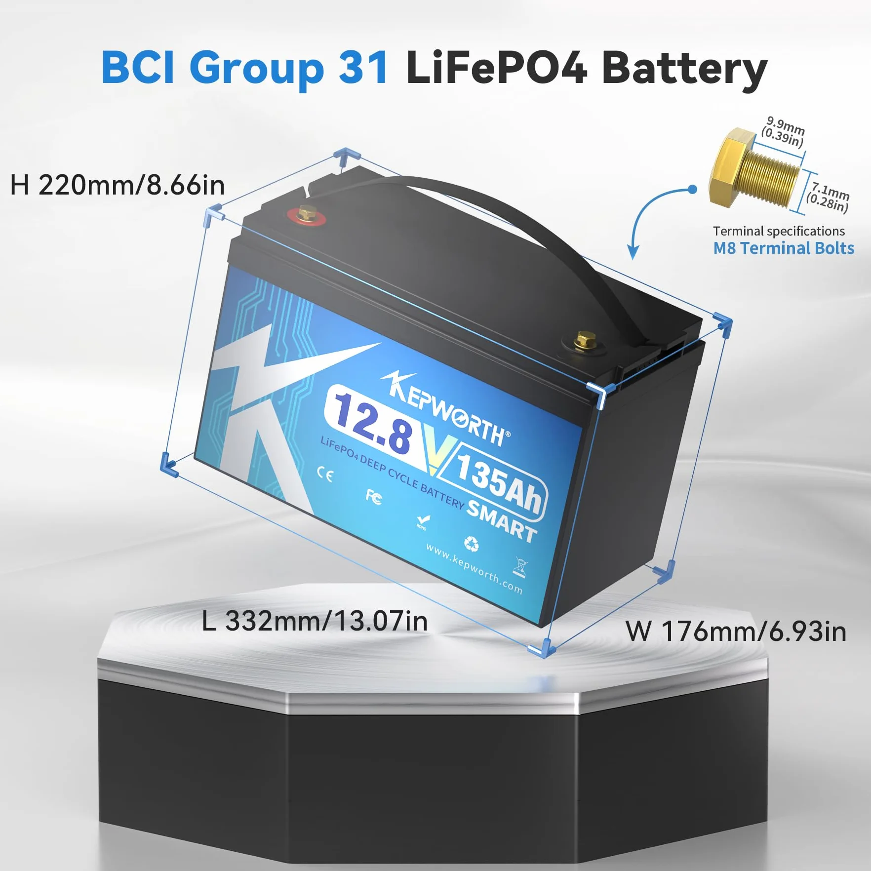 KEPWORTH LiFePO4 135 Ah 12,8 V bateria litowa Bluetooth 100 A BMS, 4000-15000 cykli Deep Cycle, idealny zamiennik akumulatorów kwasowo-ołowiowych do kamperów, na kemping, do solarnych, łodzi