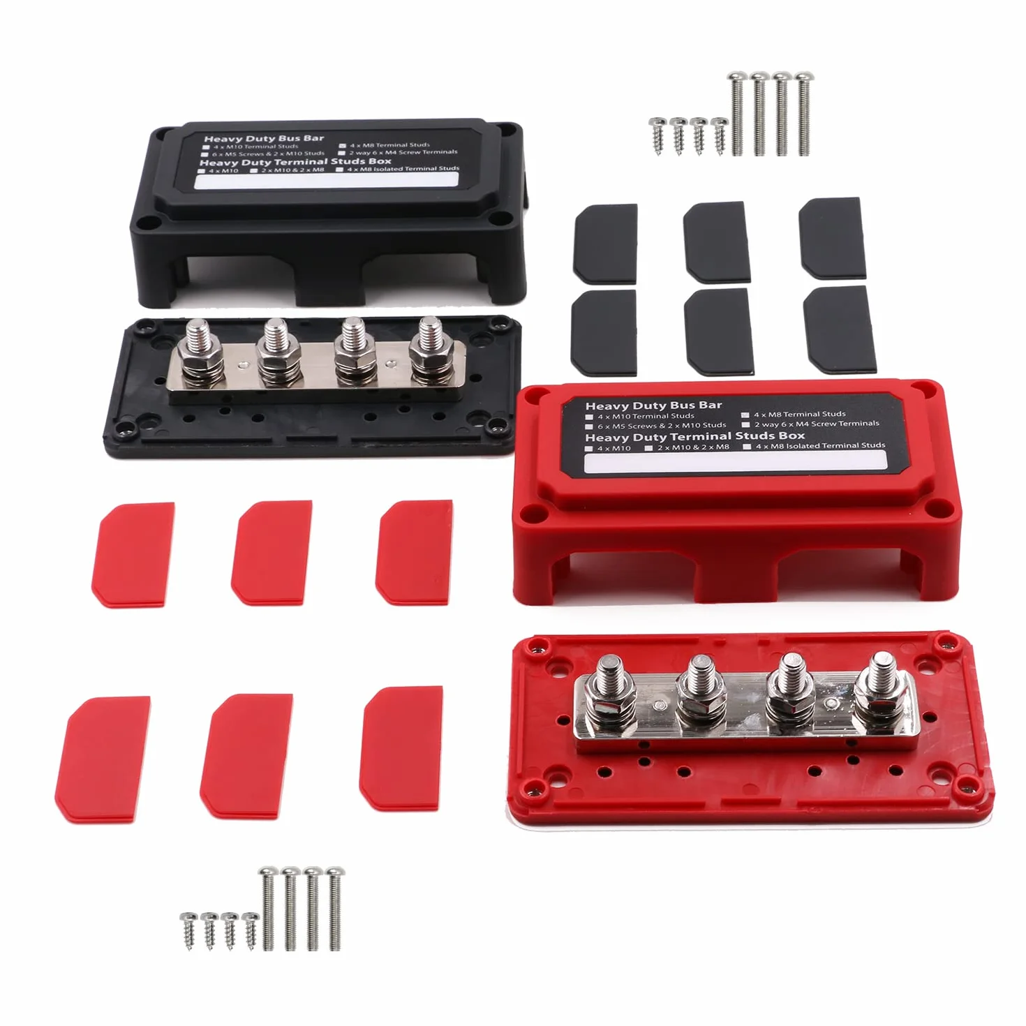 12 V DC Busbar 300A 48 V z 4 śrubami M8, blok rozdzielacza prądu, akumulator Heavy Duty Busbar do samochodu, morskiego, solarnego RV, czerwony, czarny, 2 opakowania