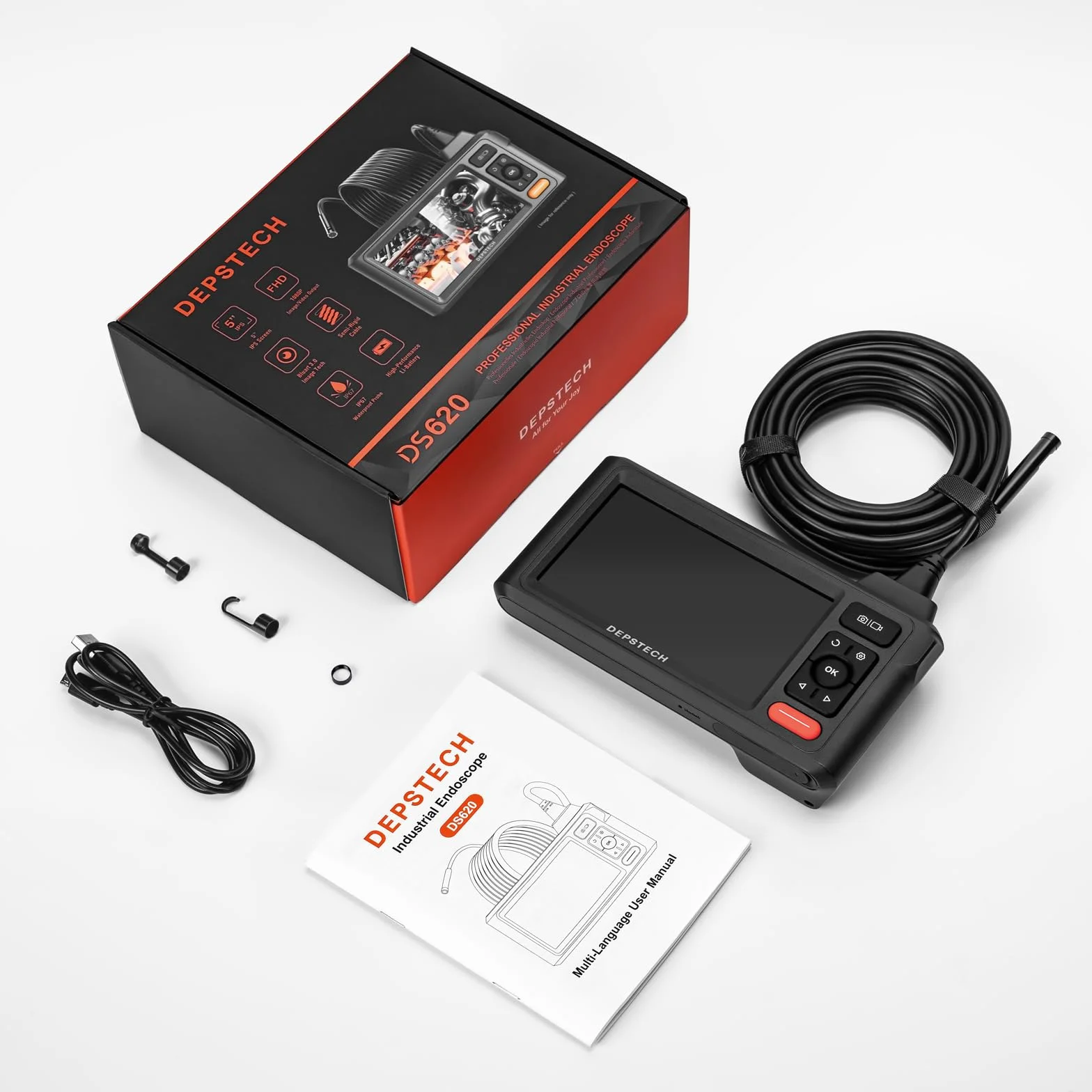 Kamera endoskopowa z oświetleniem, DEPSTECH 1080P, podwójny obiektyw 5,0 cali, ekran IPS, kamera inspekcyjna IP67 wodoodporna, 5m kamera wężowa, kamera przemysłowa, rurowa, kanałowa 5M