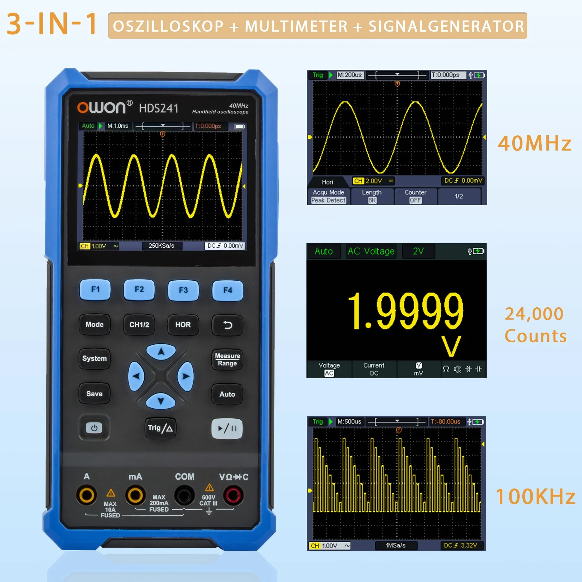 OWON HDS241 oscyloskop multimetr 3 w 1 40 MHz 24000 pomiarów 3,5" LCD