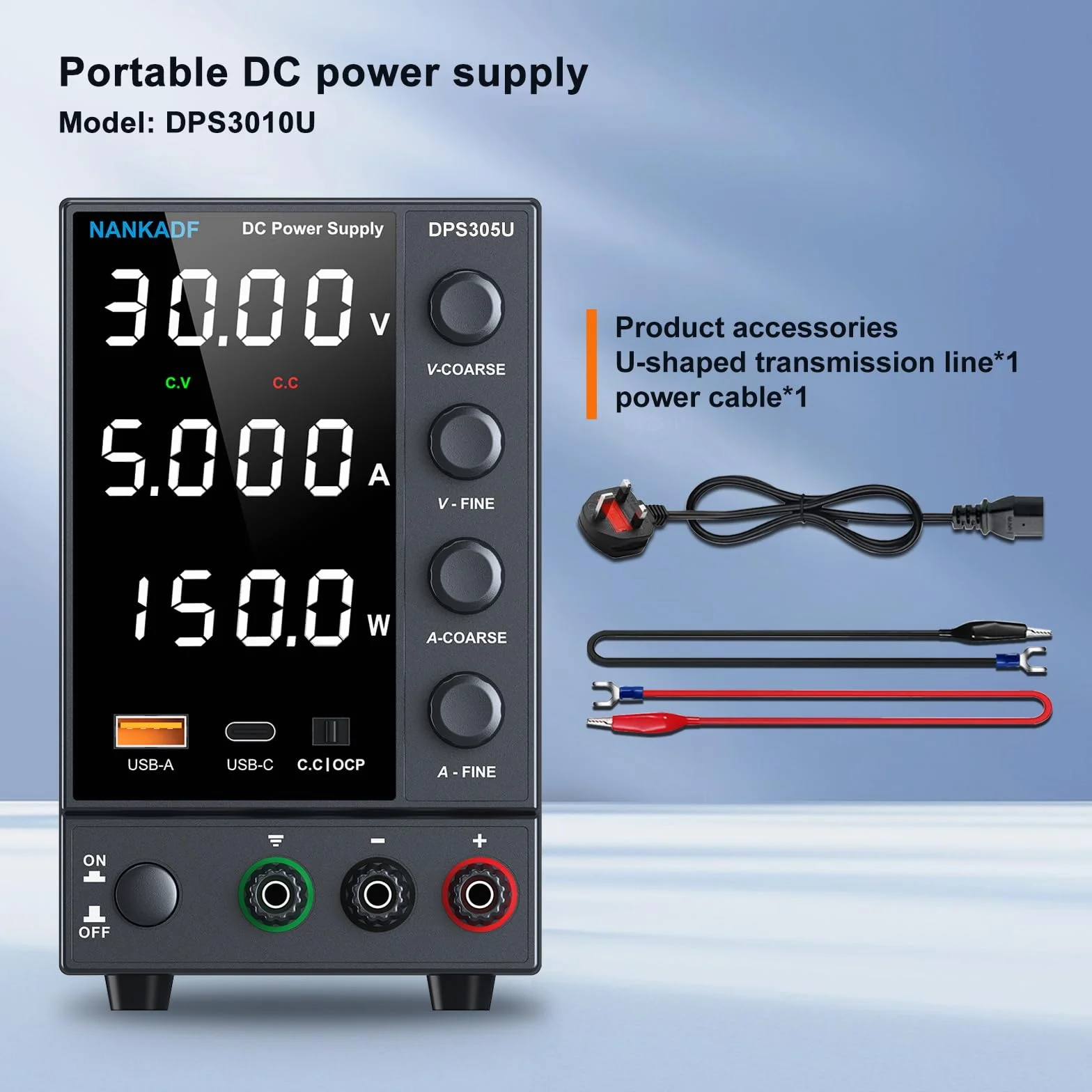 Zasilacz laboratoryjny regulowany 30V 5A DC z USB-A/Type C, precyzyjny wyświetlacz LED