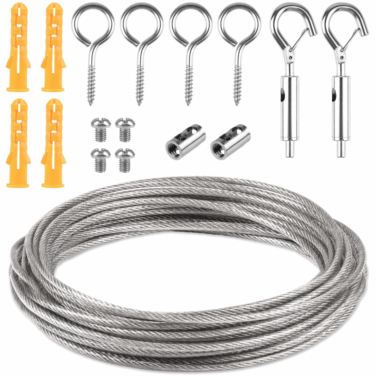 Zestaw linek drucianych do roślin pnących, 5 m x 2 mm, linka stalowa z oczkami i haczykami, zestaw napinający – do zawieszenia, liny do firanek, roślin pnących, linki do zasłony prysznicowej, 17 szt