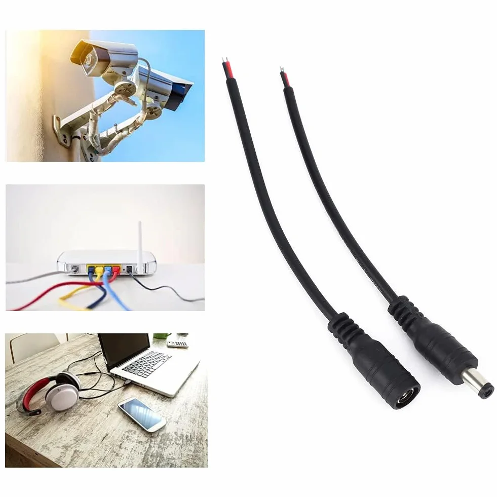 par 5.5x2.1mm Męski żeński Złącze Jack DC, żeńskie Złącze Zasilania Beczki Biały DC Power Baryłkowy Wtyk Jack Przewód łączący Przewód do Kamera Telewizji Przemysłowej Produkty (Czarny)