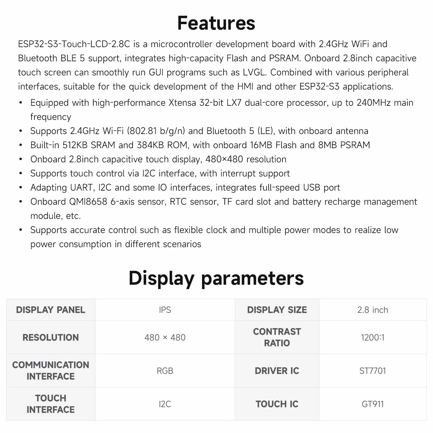 Waveshare ESP32-S3 2.8inch Capacitive Touch Round Display Development Board, 480x480, 32-Bit LX7 Dual-Core Processor, Supports WiFi & BT, ESP32 With Display