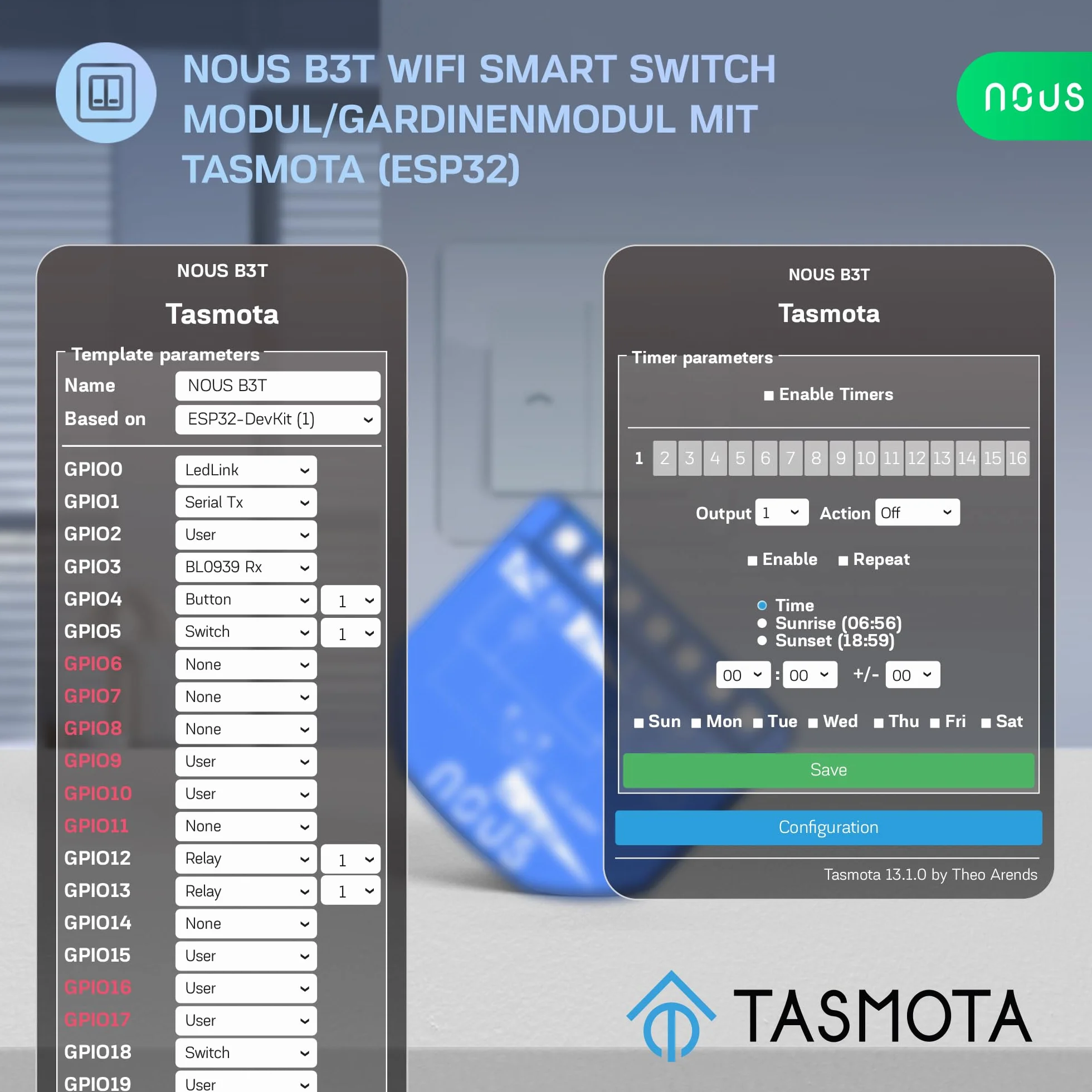 NOUS Moduł przełączający WiFi Tasmota 16A 2 kanały z pomiarem mocy ESP32 czujnik temperatury Matter MQTT