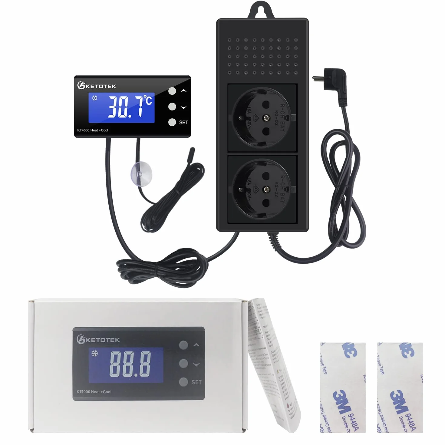 KETOTEK Kontroler Temperatury Termostat Wtyczka Gniazdo Elektryczne Cyfrowy z 2m wodoodporna sonda 220V dla Akwarium Szklarnia Lodówka Przełącznik sterowania ogrzewaniem chłodzenie