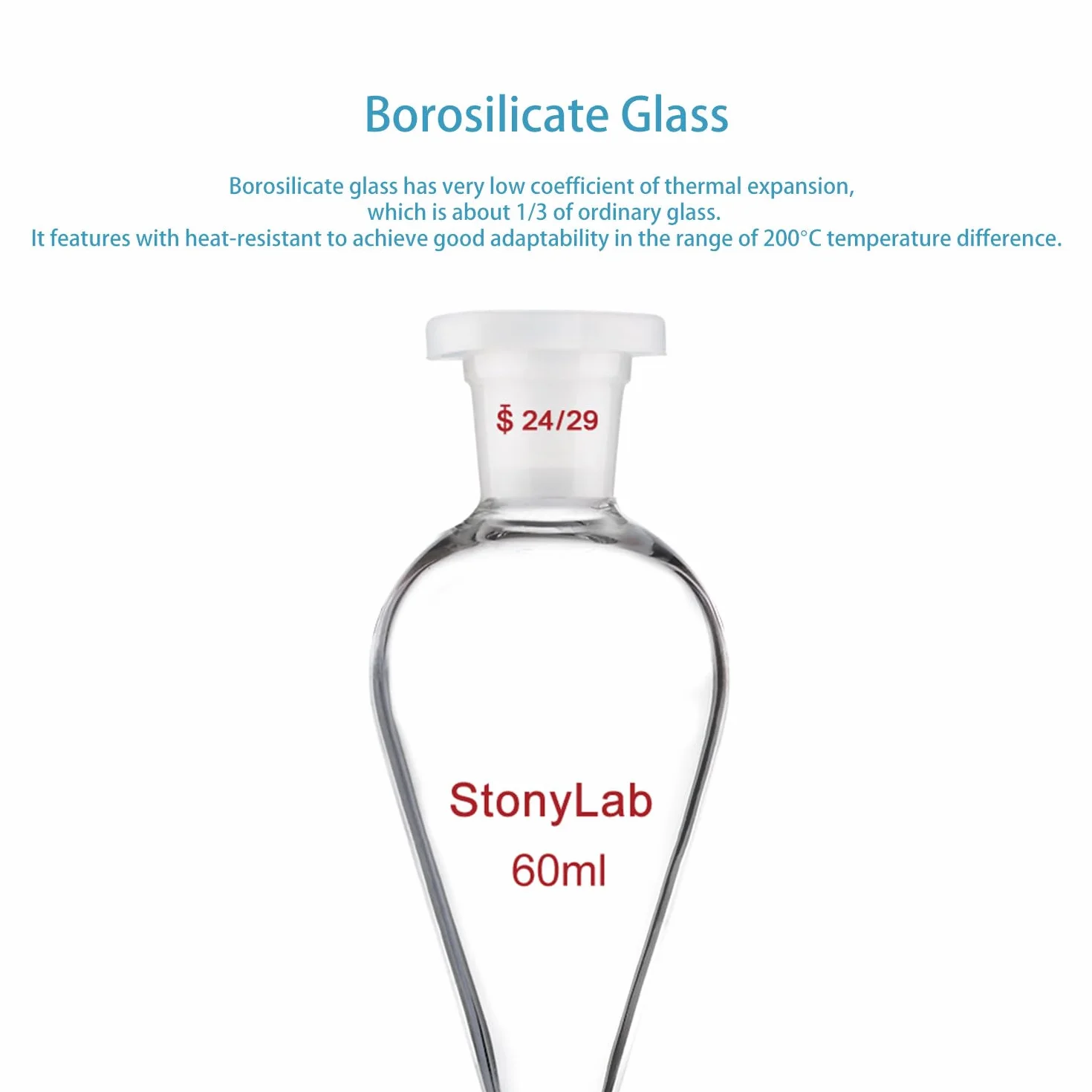 Rozdzielacz z Zaworem Szklanym 60 ml Borokrzemianowego Szkła Lejek 24/29