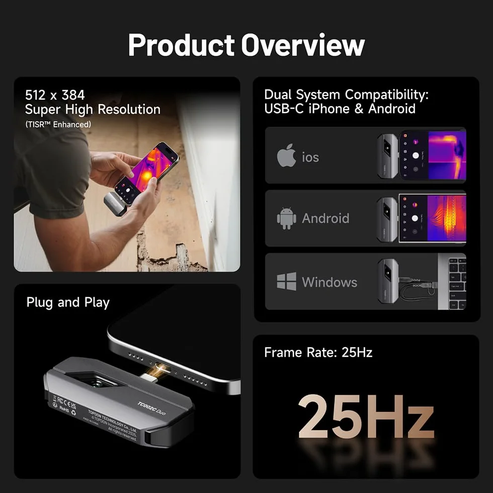TOPDON TC002C Duo kamera termowizyjna dla Androida, iPhone i iOS, 512 × 384 TISR, super rozdzielczość, kamera na podczerwień USB-C, 25 Hz, 40 mK, -20℃ do 550°C, do kontroli budynków i pojazdów