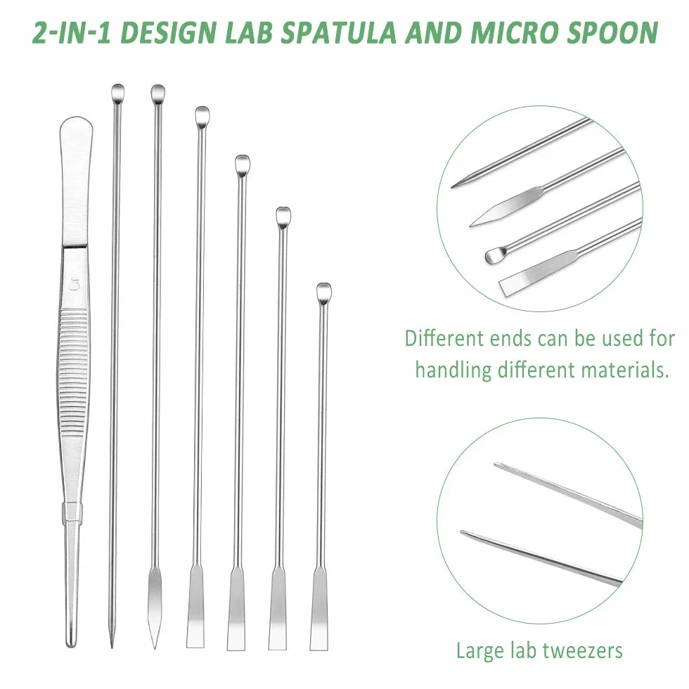 18 sztuk szpatułek laboratoryjnych ze stali nierdzewnej, mikrołyżki do lekarstw, mikroszpatułki, łyżki laboratoryjne, zestaw szpatułek do pobierania próbek z aksamitnym woreczkiem do pudru, żelowych