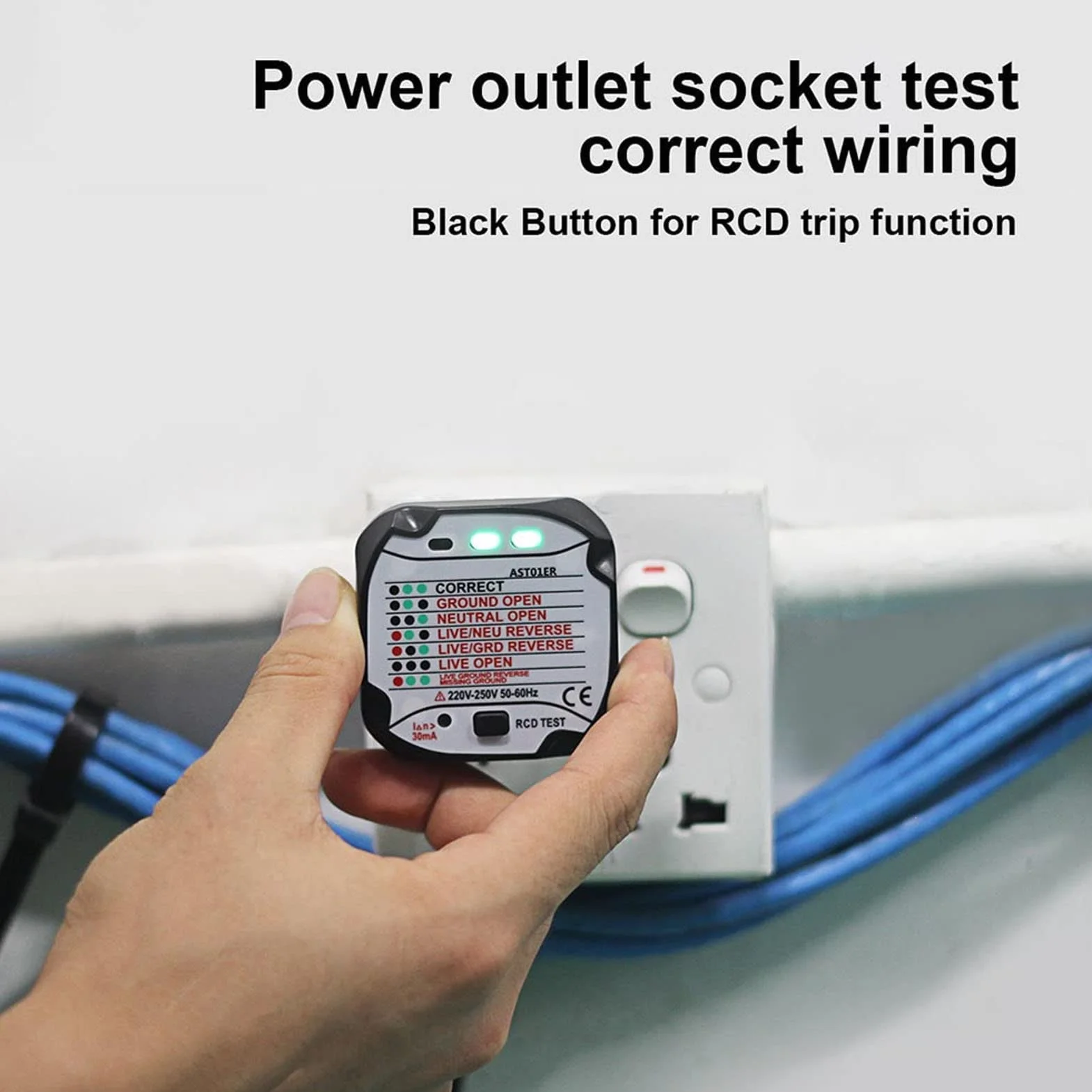 BSIDE AST01ER Tester Zasilania Wtyczki Test Pomiaru Biegunowości Linii Uziemienia Test Elektryczny Urządzenie Tester Gniazda Wtyczka UE 220 V-250 V