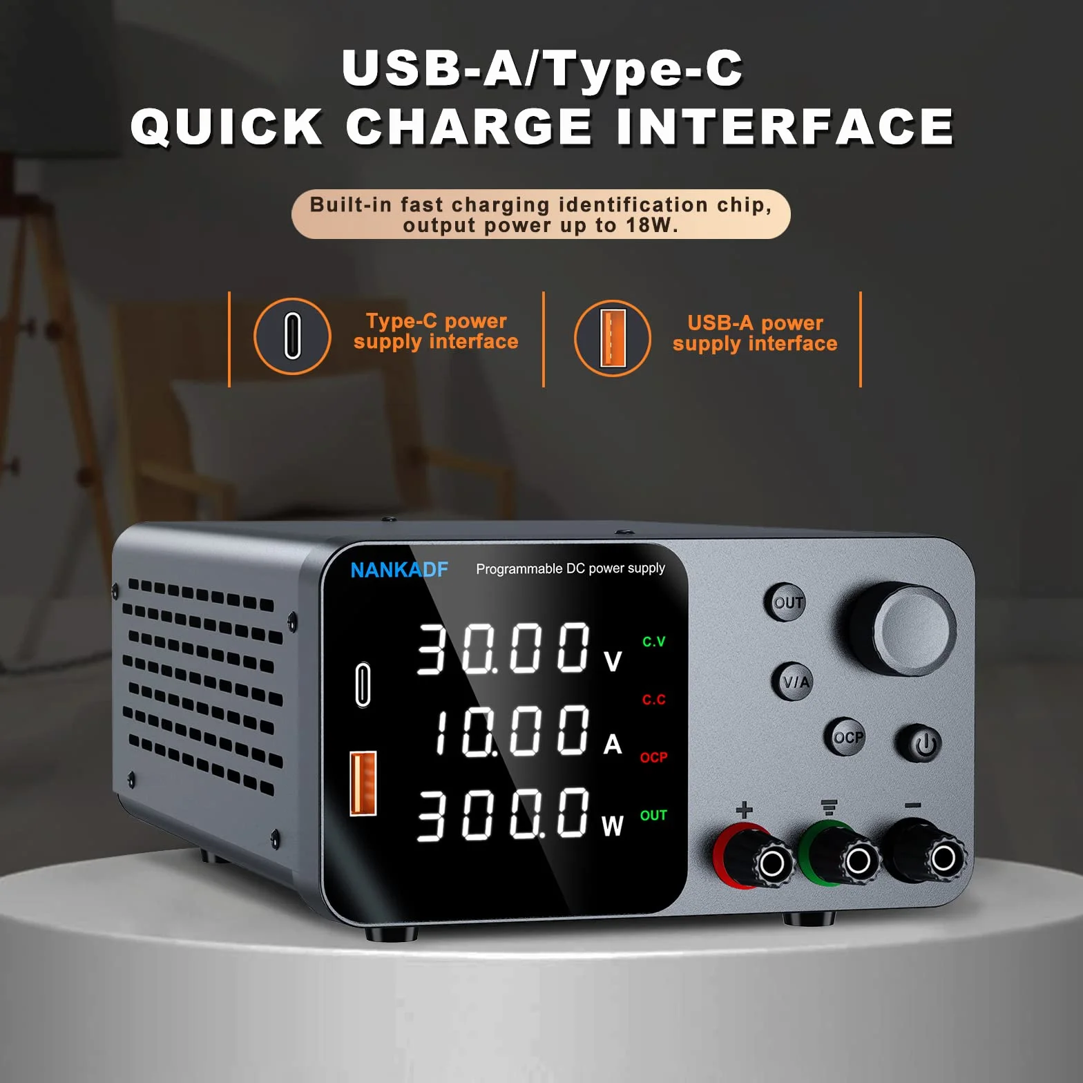 Regulowany zasilacz prądu stałego 30 V 10 A, laboratoryjny zasilacz stołowy z pokrętłem enkodera i interfejsem szybkiego ładowania USB-A/Type-C, 4-cyfrowy wyświetlacz LED wysokiej precyzji, regulowane