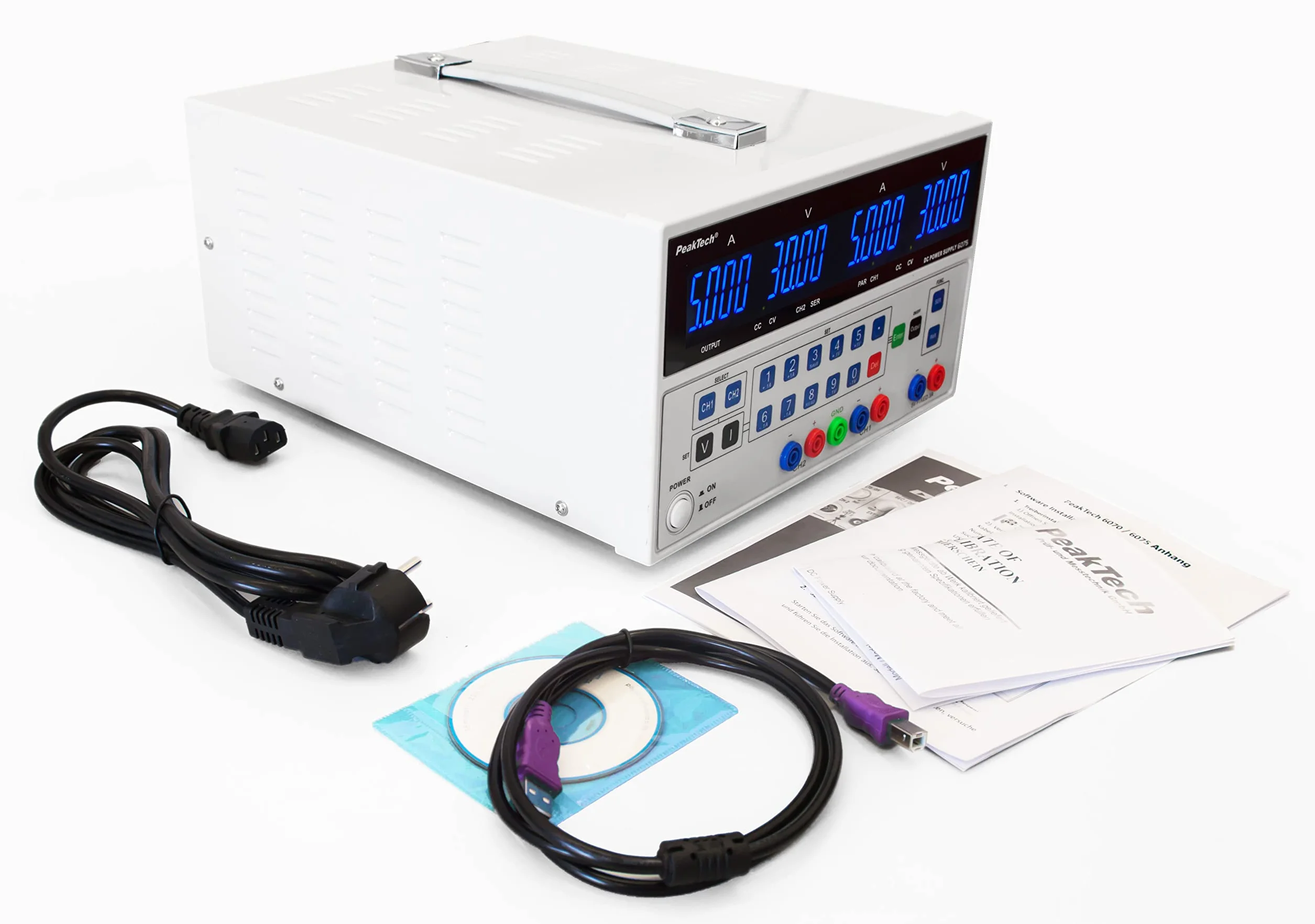 PeakTech P 6075 - Liniowy podwójny zasilacz laboratoryjny ~ 0-30 V / 0-5 A ~ z przyciskiem sterującym