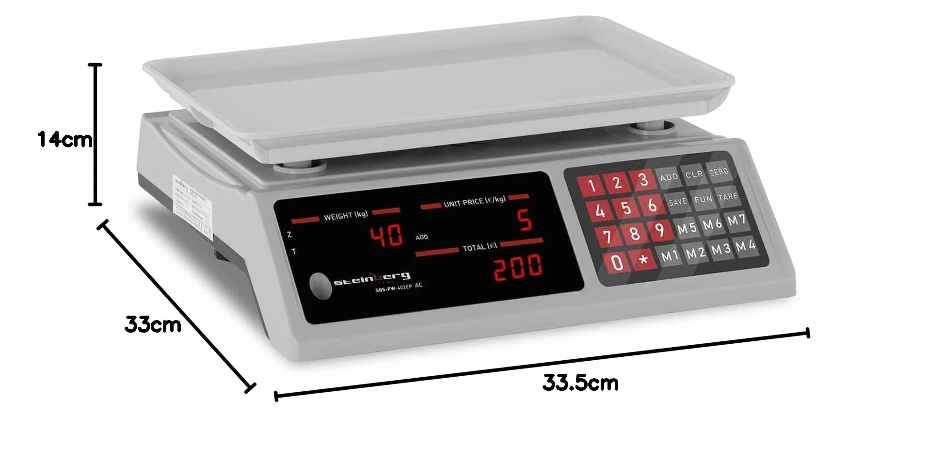 Steinberg Systems Waga kontrolna 40 kg / 2 g Waga cyfrowa 7 miejsc pamięci, waga stołowa z wyświetlaczem LED, wbudowany akumulator