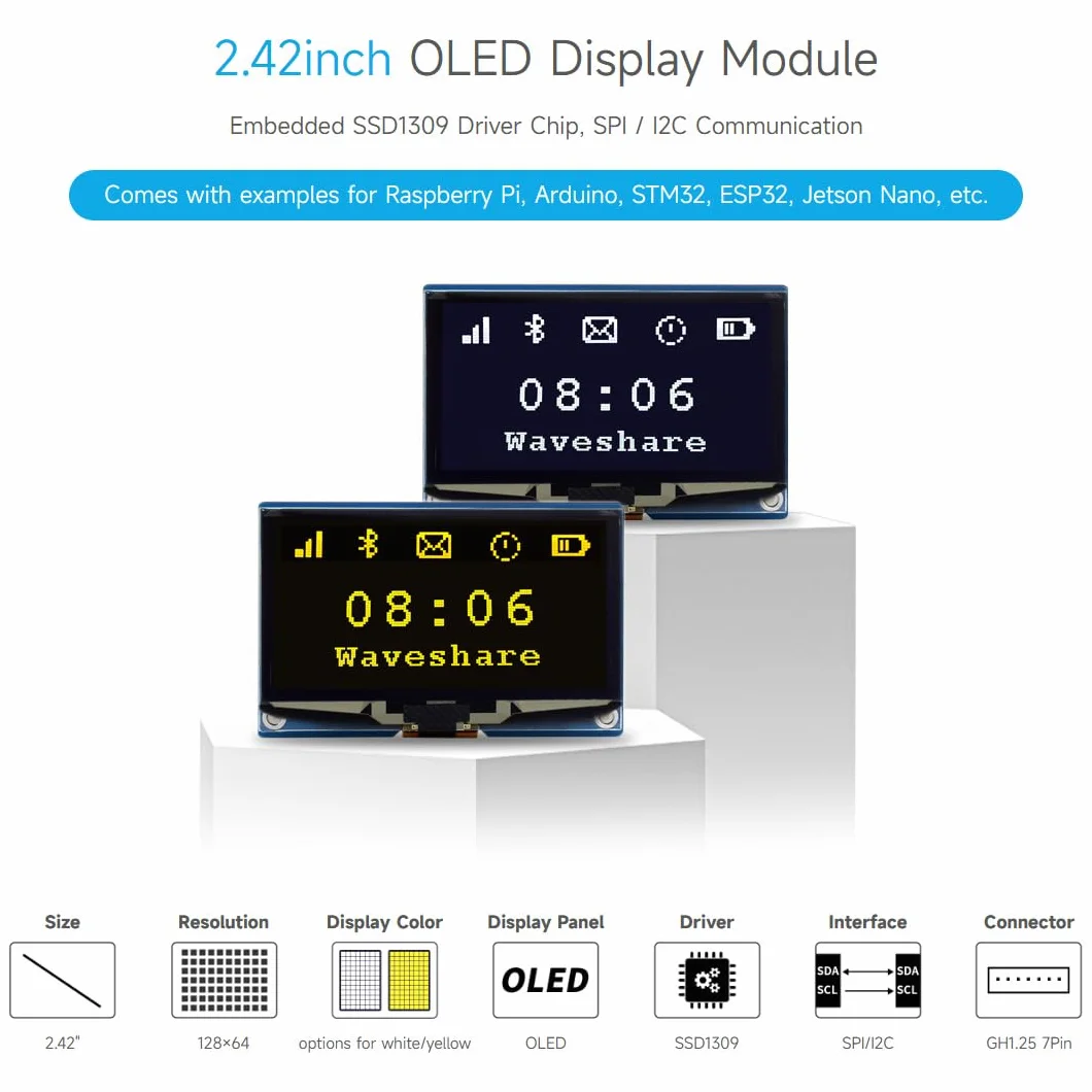 Waveshare 2.42inch OLED Display Module 128×64 Resolution SPI / I2C Communication Yellow Color Version Compatible with Raspberry Pi Jetson Nano