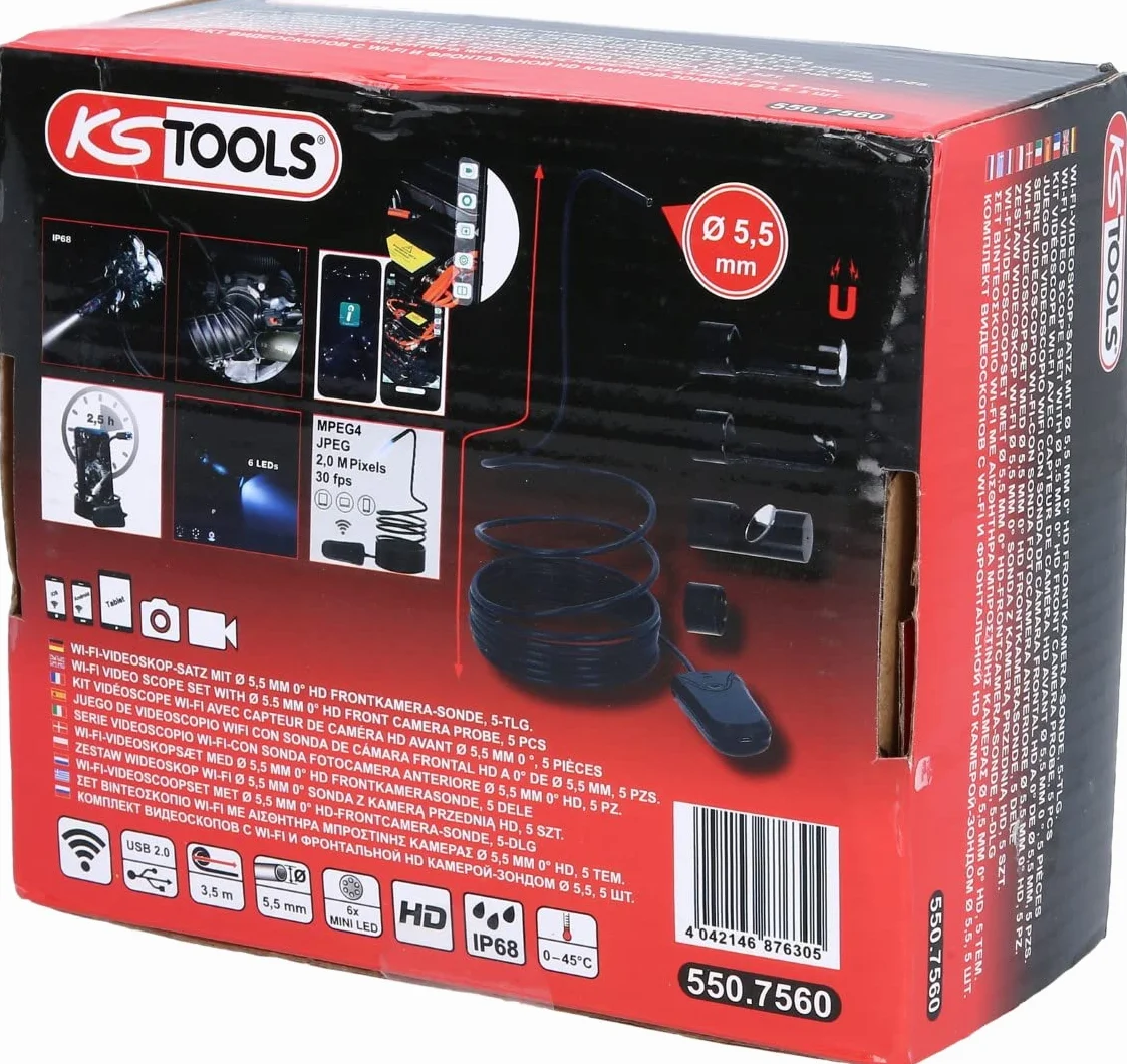 KS Tools 550.7560 Zestaw wideoskop wi-fi Ø 5,5 mm 0° sonda z kamerą przednią HD, 5-szt