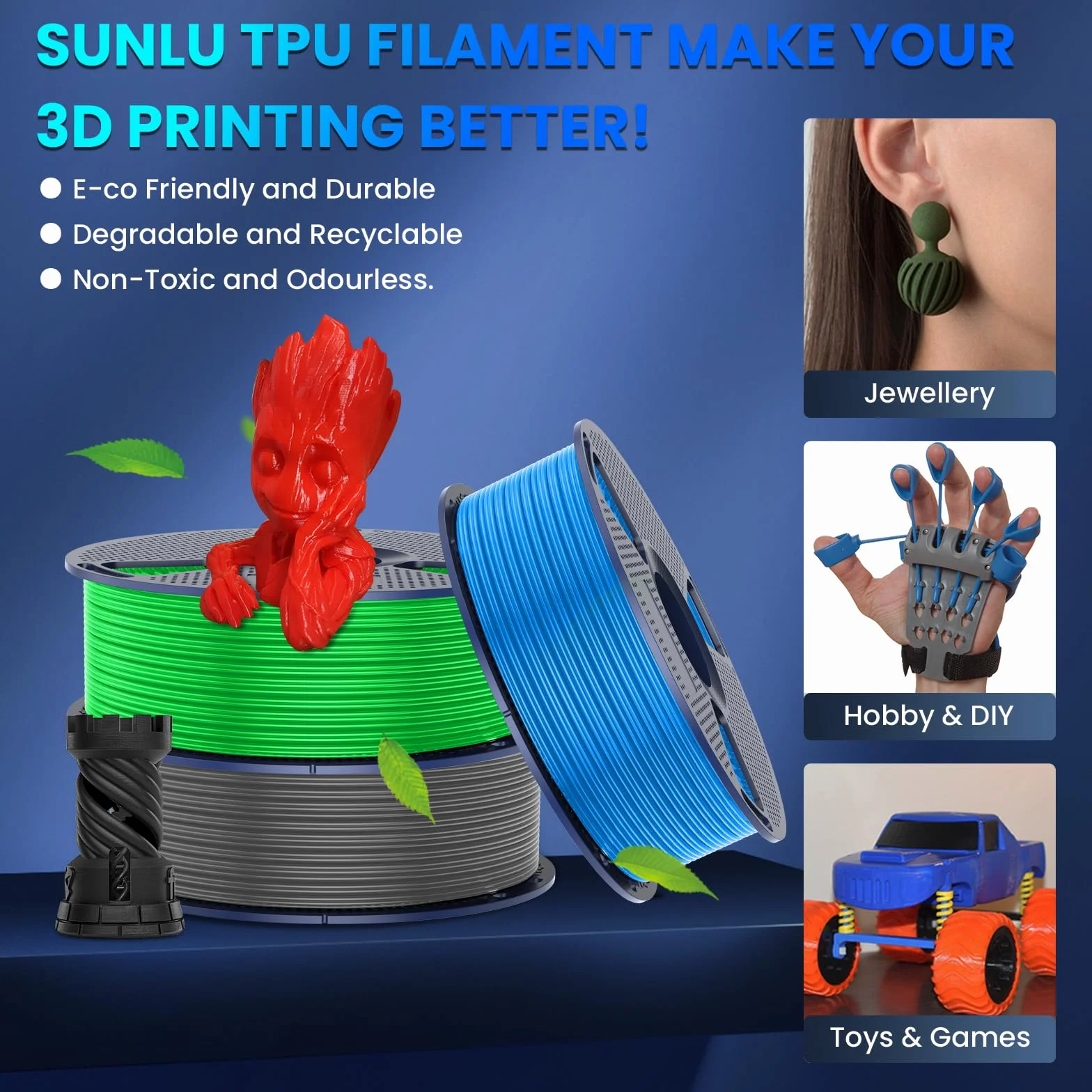 SUNLU TPU 3D Printer Filament 1,75mm 95A 1KG elastyczny dokładność wymiarowa +/- 0,03 mm Zielony