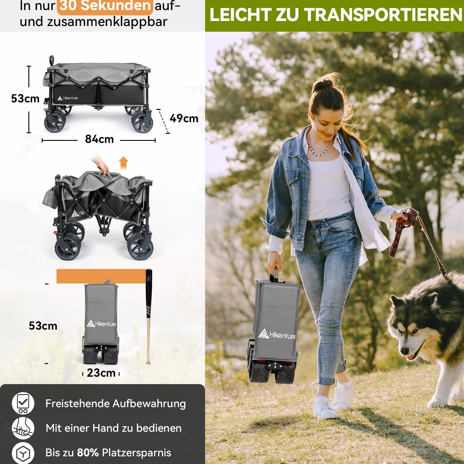 HIKENTURE Składany wózek transportowy 135 l 150 kg szerokie opony hamulce