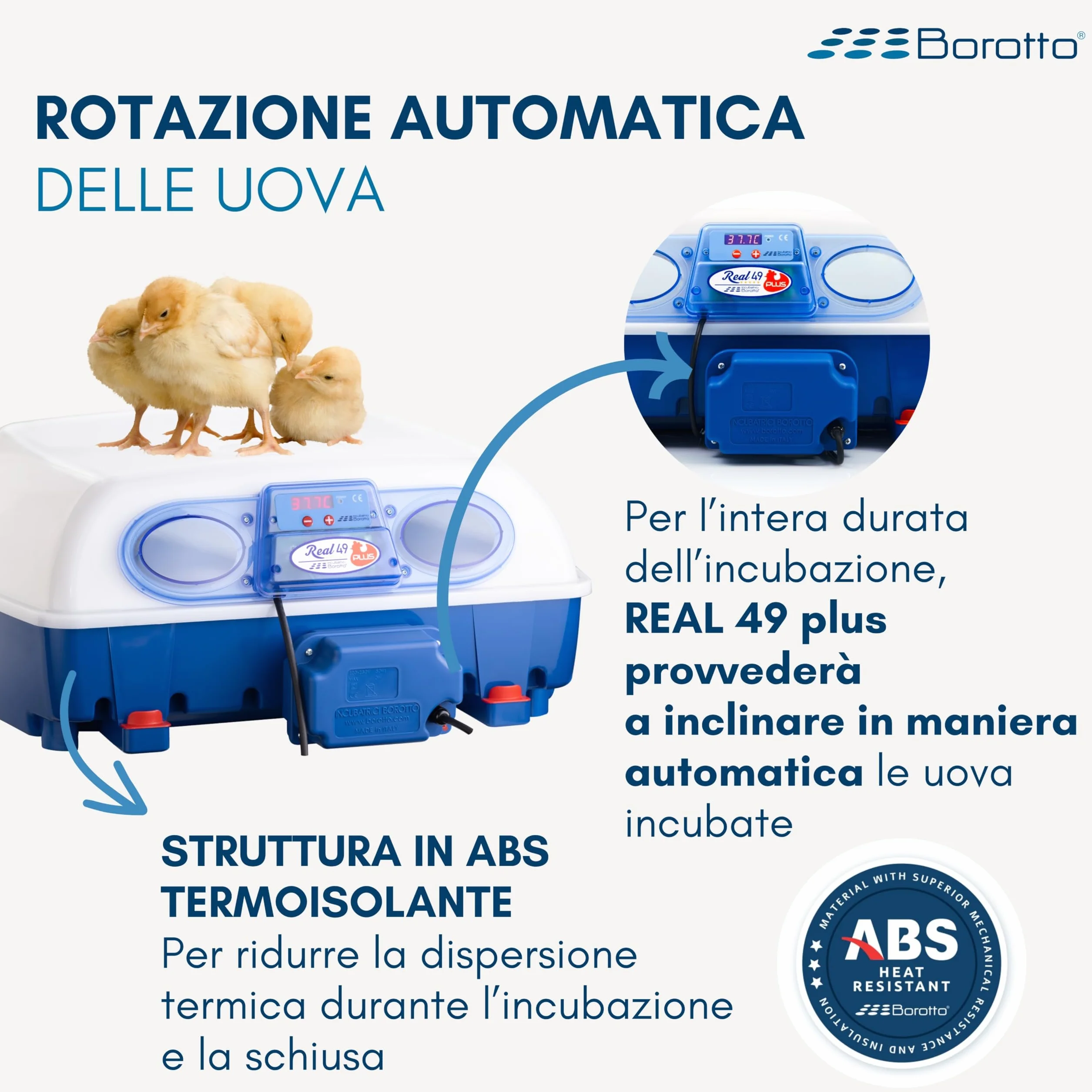 Borotto Real 49 Plus | w pełni automatyczny, profesjonalny automat do 49 lub 196 małych jajek, automatyczny mechanizm obracania jaj, regulacja temperatury, biomaster, antybakteryjny, wyprodukowano we