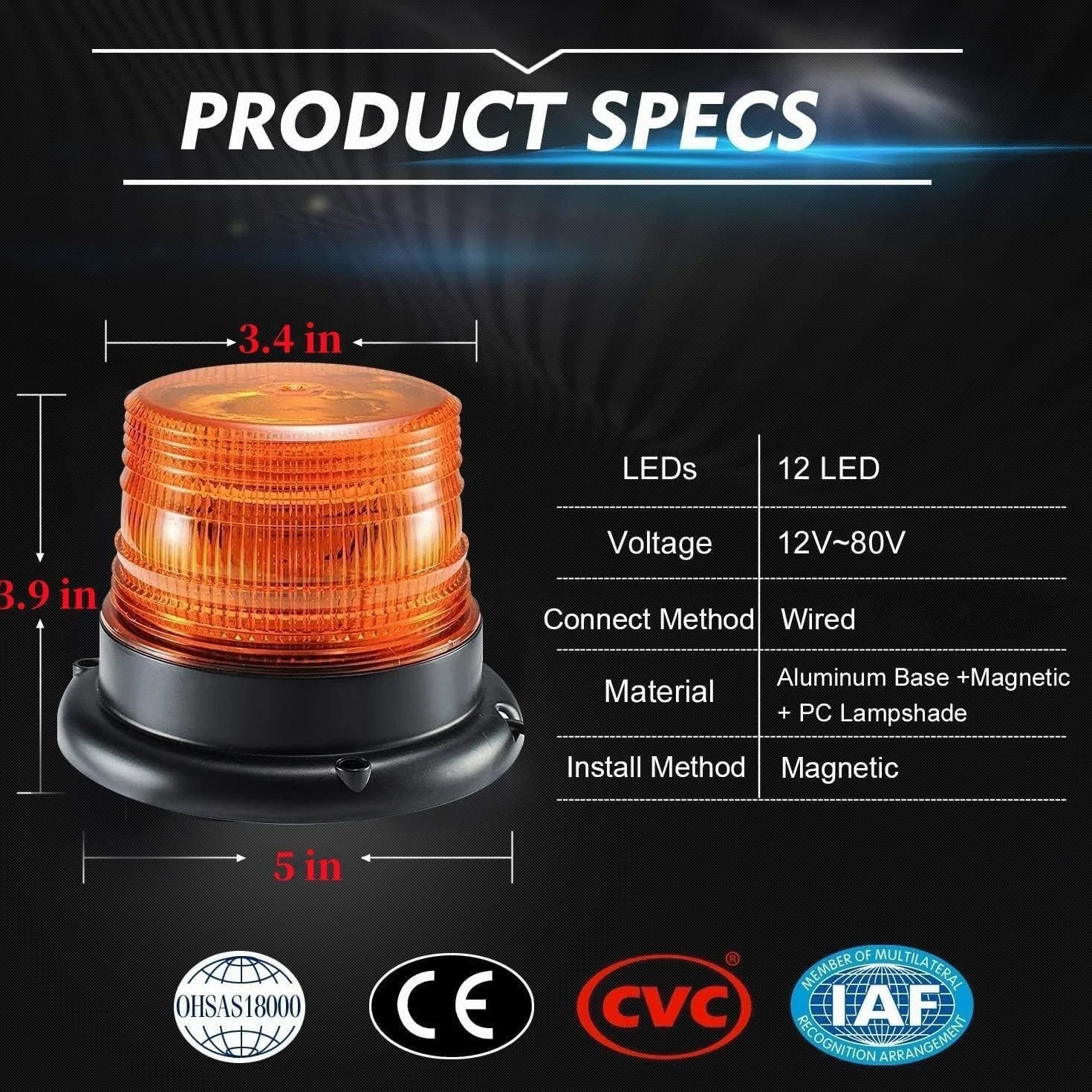 Dinfu LED Lampa Ostrzegawcza 12/24V - Magnetyczna Lampka na Dach do Samochodu, Wózka Widłowego, Traktora, Wózka Golfowego - Żółto-Pomarańczowa