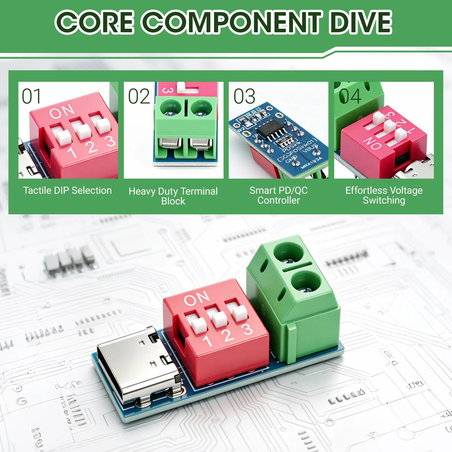 5 sztuk USB C PD Wyzwalacz Moduł,PD/QC Decoy Board z DIP,Wyzwalacz Napięcie Regulowane 5V/9V/12V/15V/20V,Moduł Dostawy Doładowania 100W dla DIY,Laboratorium i Testowanie