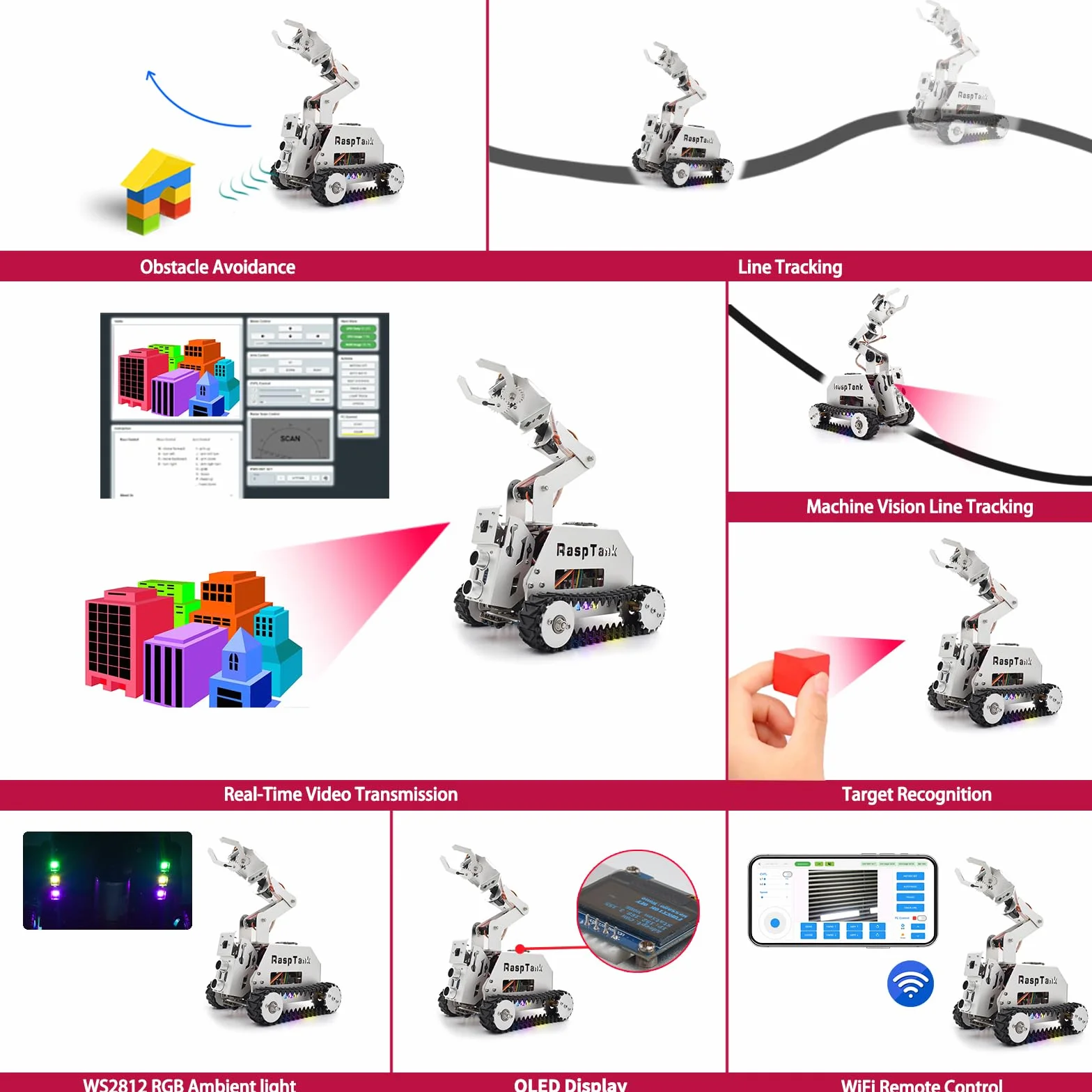 Adeept RaspTank Metal Smart Car Kit for Raspberry Pi 5/4B/3B/3B+(Board Not Included), Tank Tracked Robot with 4-DOF Robotic Arm, OpenCV, Obstacle Avoidance, Line Tracking, with Digital Tutorials