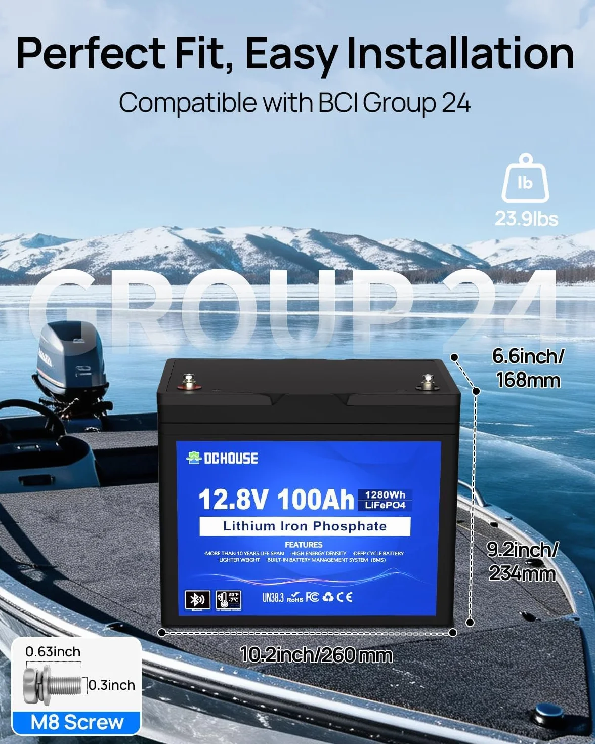 DCHOUSE Bluetooth LiFePO4 12 V 100 Ah akumulator litowy z BMS 100 A, do 15000 cykli, akumulator litowy 1280 Wh, do silników trollingowych, przyczep kempingowych, instalacji solarnych, przyczep